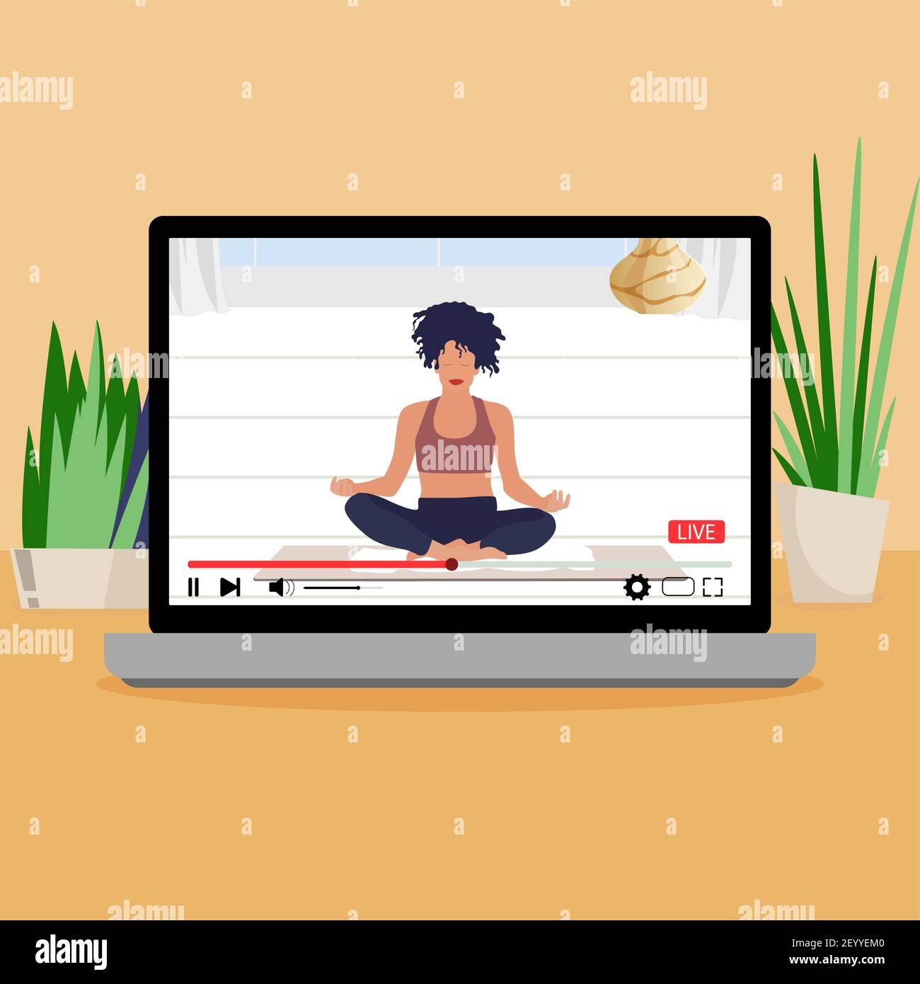 Lezione di yoga online, meditazione in streaming dal vivo. Vector yoga sport fitness, posa di allenamento, illustrazione di formazione internet, esercizio per la salute Illustrazione Vettoriale