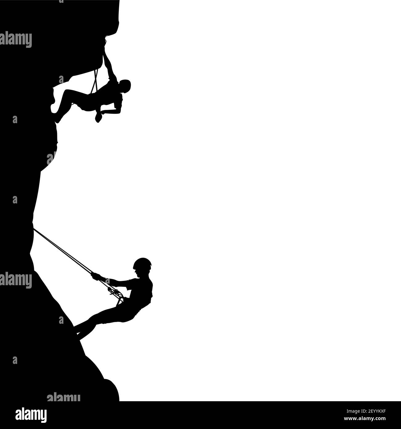 La gente sale su roccia, silhouette nera. Partner di supporto per arrampicatori su parete. Vector uomo climbing silhouette, attività e motivazione su roccia, sport e Illustrazione Vettoriale