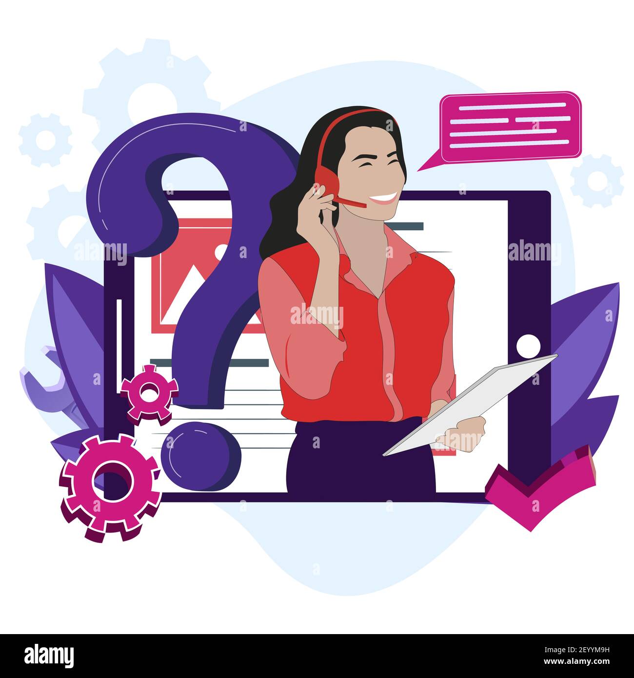 Servizio hotline online, aiuto alla rete, domande frequenti e assistenza, operatore donna cartoon, supporto professionale online. Illustrazione vettoriale Illustrazione Vettoriale