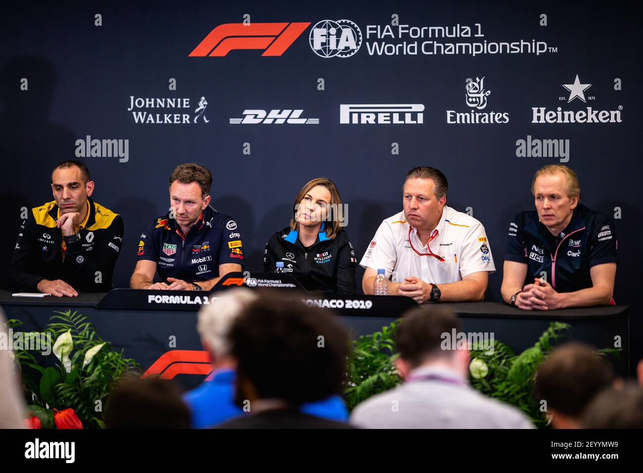 ABITEBOUL Cyril (fr), Managing Director di Renault F1, HORNER Christian (gbr), Team Principal di Aston Martin Red Bull Racing, WILLIAMS Claire (gbr), Vice Team Principal di Williams F1 Racing, BROWN Zak (usa), Chief Executive Officer di McLaren Racing, GREEN Andrew, Direttore tecnico di SportPesa Racing Point F1, ritratto, Conferenza stampa durante il Campionato del mondo di Formula uno 2019, Gran Premio di Monaco dal 23 al 26 maggio a Monaco - Foto Thomas Fenetre / DPPI Foto Stock