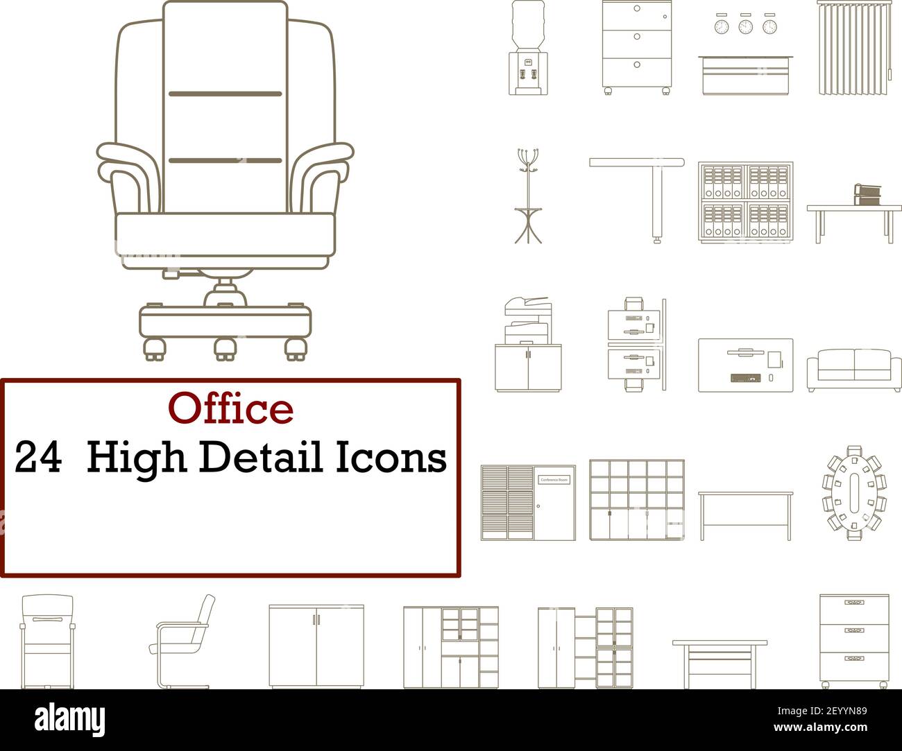 Set di icone Office. Linea tratto modificabile sottile senza disegno di riempimento. Illustrazione vettoriale. Illustrazione Vettoriale