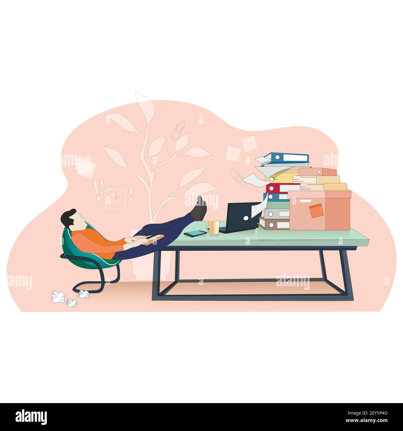 Lavoratore pigro senza attenzione al workpalce, procrastinate concetto. Vettore pigro workpalce procrastinate in stile piatto. Illustrazione piatta dei cartoni animati. Overwor Illustrazione Vettoriale