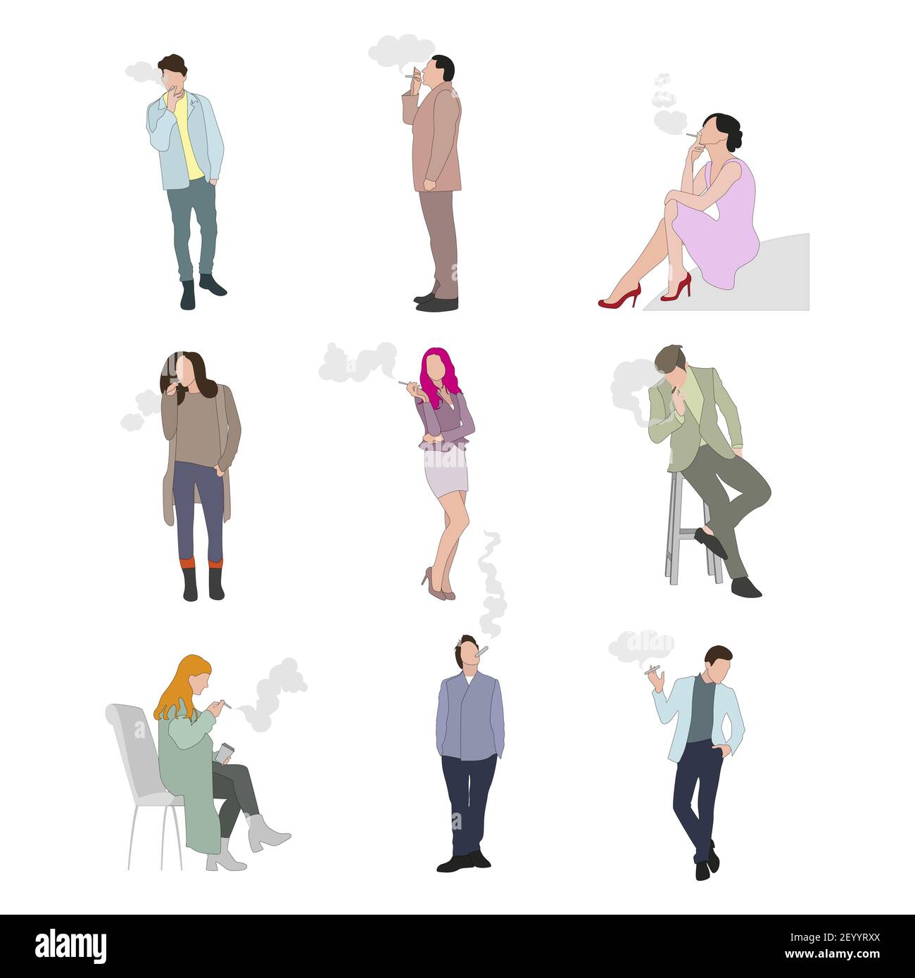 Fuma persone, fumatore uomo e donna caucasica, dipendenza tabacco, scimmia dipendente, esala fumo malsano, abitudine di pericolo. Illustrazione di Vevctor Illustrazione Vettoriale