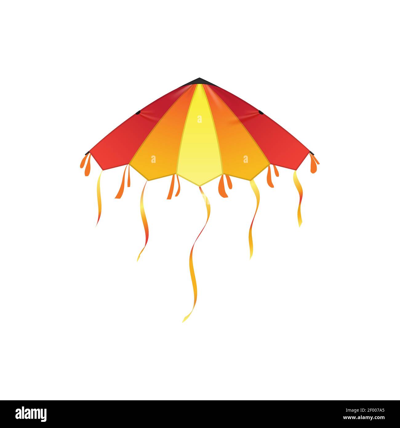 Aquilone a forma di medusa che vola in cielo isolato giocattolo per bambini. Vettore arancione, giallo rosso aquilone con corde a forma di ombrello, ricreazione estate ob Illustrazione Vettoriale