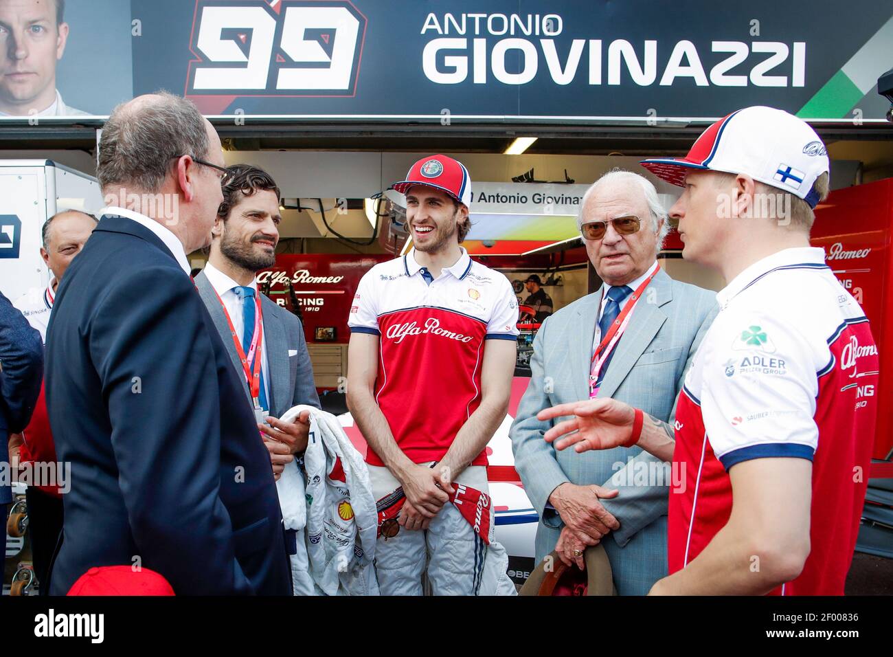 Principe Carlo Filippo di Svezia, GIOVINAZZI Antonio (ita), Alfa Romeo Racing C38, RAIKKONEN Kimi (fin), Alfa Romeo Racing C38, E Principe di Monaco Alberto II, sua Maestà Carl XVI Gustav di Svezia, durante il Campionato del mondo di Formula uno 2019, Gran Premio di Monaco dal 23 al 26 maggio a Monaco - Foto Florent Gooden / DPPI Foto Stock