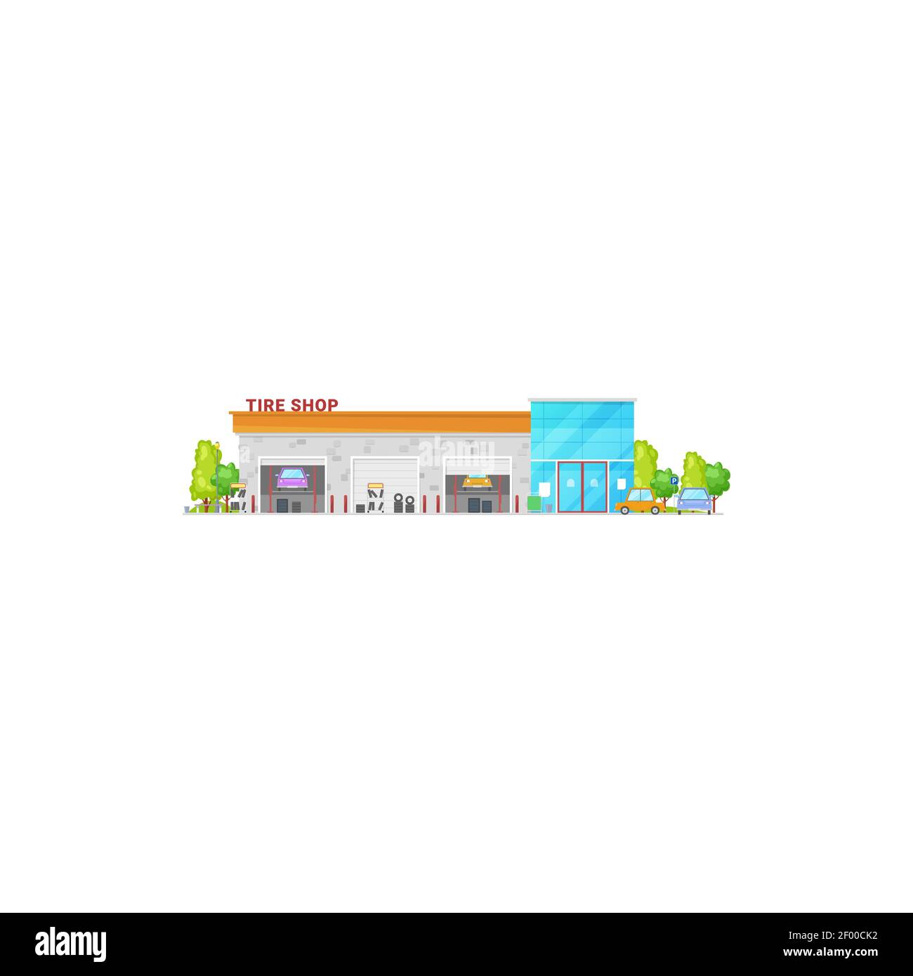 Centro di riparazione veicoli, edificio isolato di officina pneumatici. Riparazione e diagnostica trasporto vettoriale, sollevamento e restauro, facciata negozio esterno. Centro benessere del veicolo Illustrazione Vettoriale