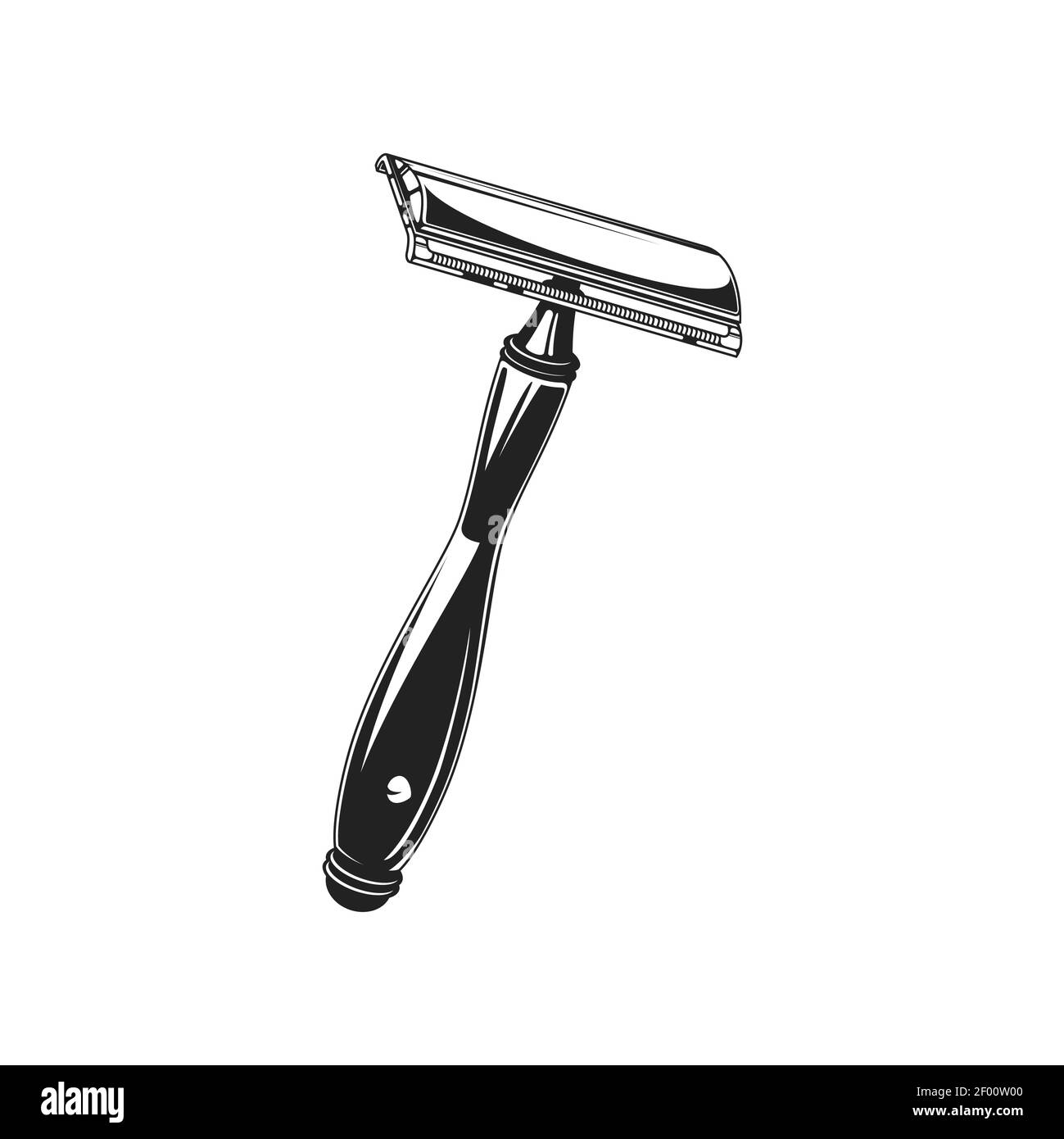 Rasoio di rasatura di sicurezza a doppio bordo cromato o icona monocromatica isolata. Supporto per lame Vector vintage con manico in metallo. Rasoio vecchio stile dalla macchia Illustrazione Vettoriale