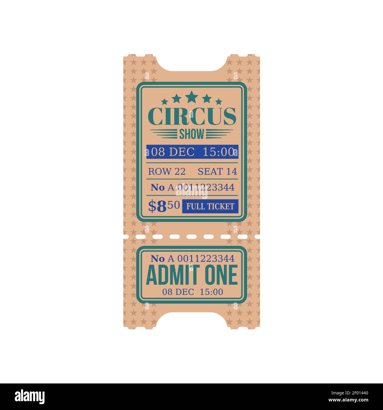 Biglietto cartaceo per lo spettacolo del Circus con posto a sedere e citazione di fila, ammesso uno. Coupon Vector retro che consente l'ingresso al divertimento, voucher che indica la persona e. Illustrazione Vettoriale