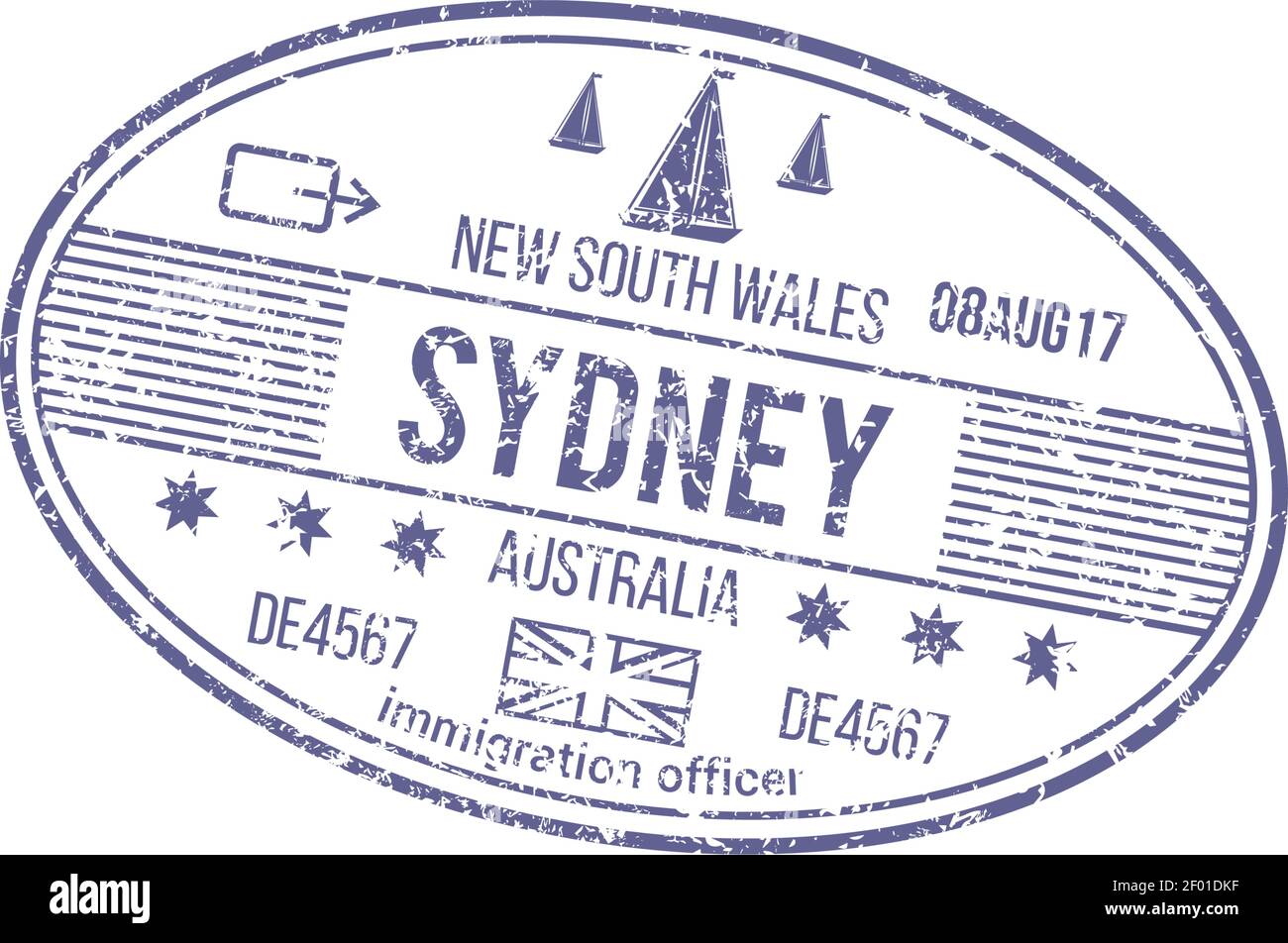 Visto isolato con francobollo di gomma grunge per il nuovo Galles del Sud, Sydney. Vettore immigrazione ufficiale Australia porto segno Illustrazione Vettoriale