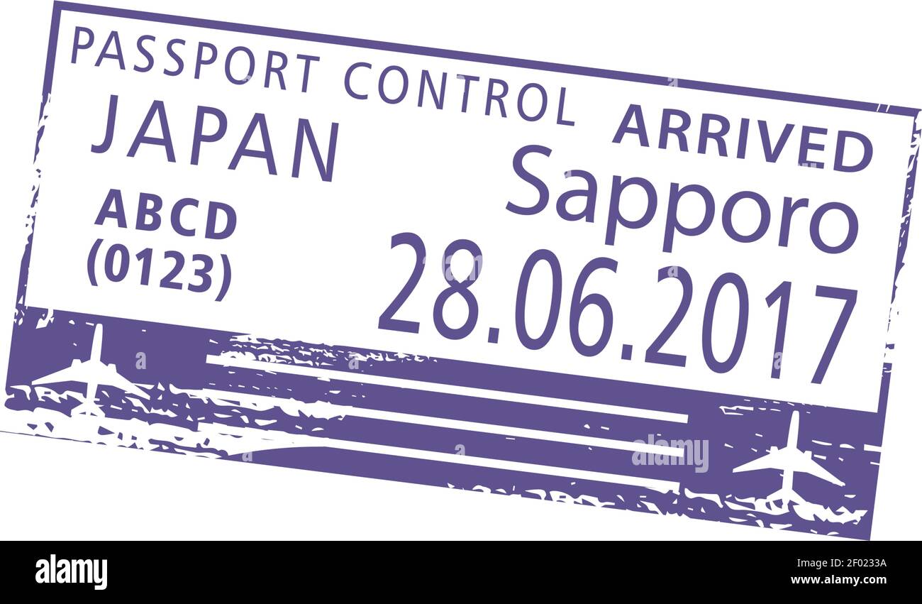 Controllo dei passaporti dell'aeroporto di Sapporo in Giappone timbro del visto isolato. Segnale, piano e data di arrivo del vettore Illustrazione Vettoriale