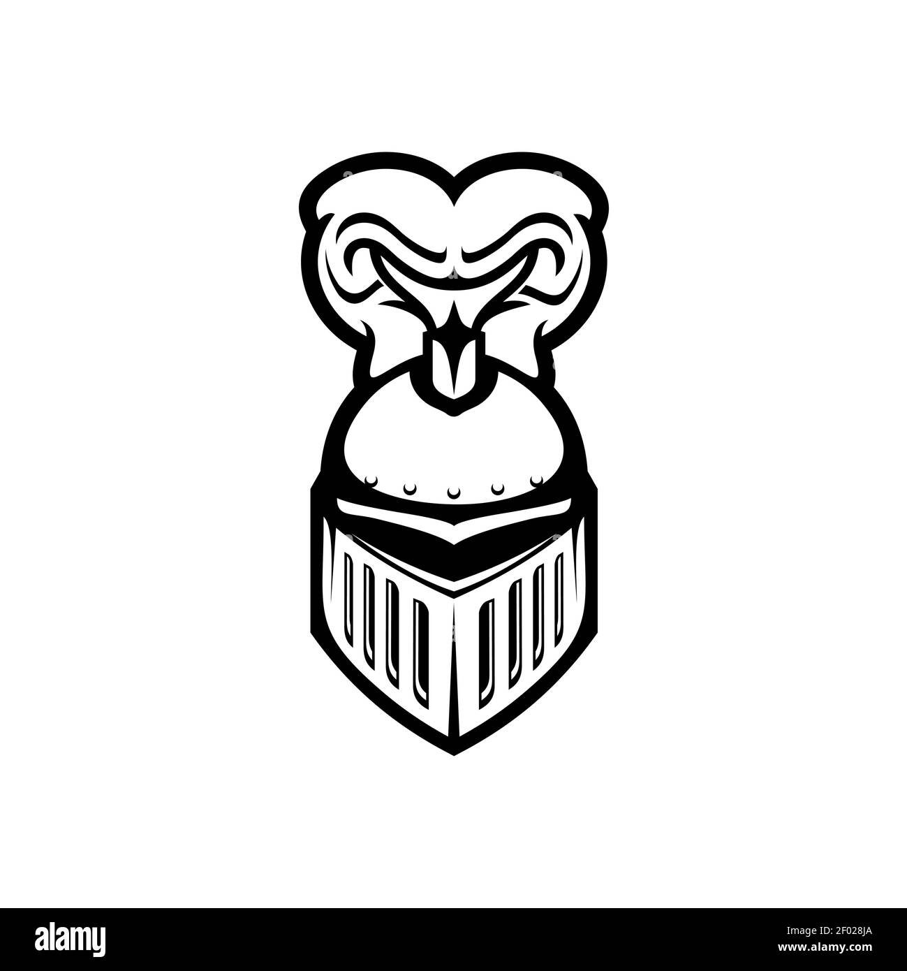 Casco guerriero romano con pennacchi isolati icona monocromatica. Casco in metallo vettoriale con vizor e piumaggio, cavaliere medievale, antico guerriero romano testa Illustrazione Vettoriale