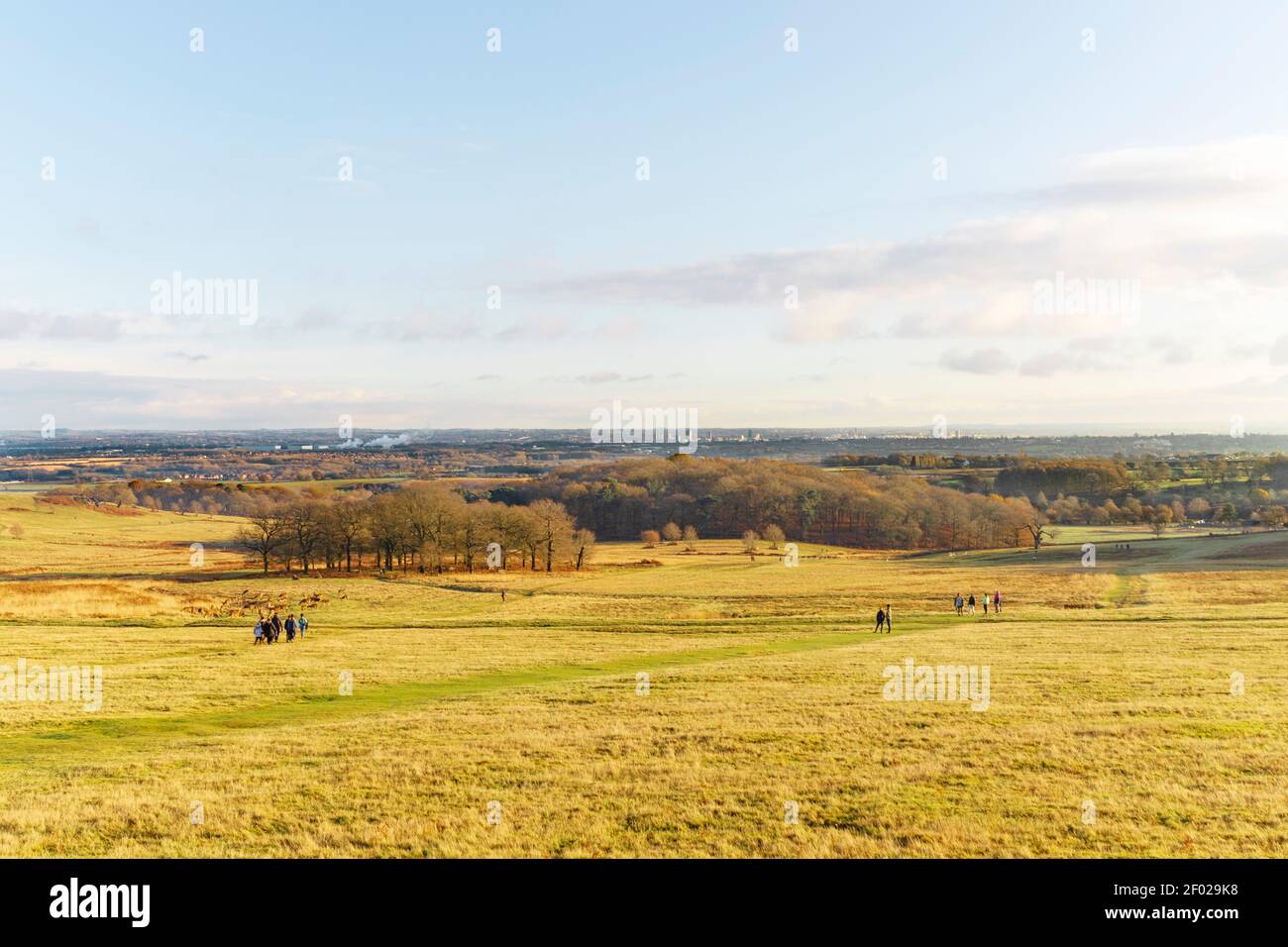 Grande area verde erbosa, un sentiero che scende, grandi aree forestali, e il centro di Leicester all'orizzonte. Persone che camminano lungo il sentiero. Foto Stock