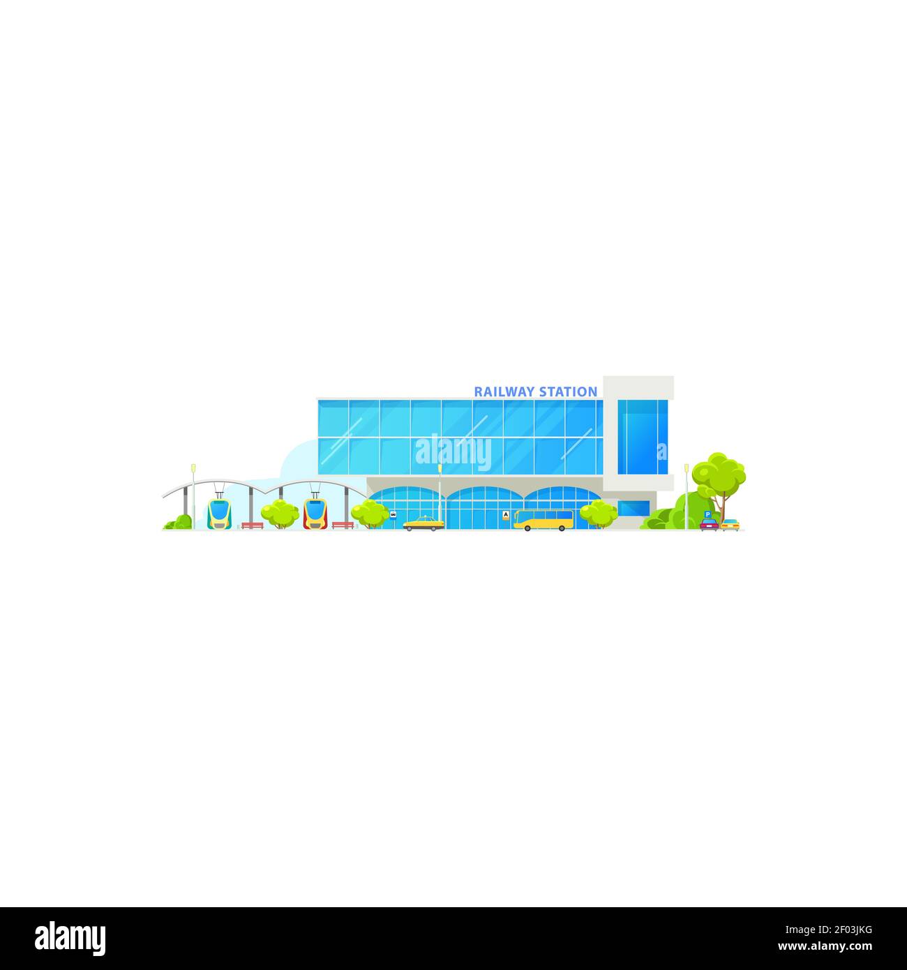 Edificio della stazione ferroviaria facciata isolata. Stazione metropolitana Vector, piattaforma con treni, zona parcheggio. Moderno terminal ferroviario, transito su carrozza. U Illustrazione Vettoriale