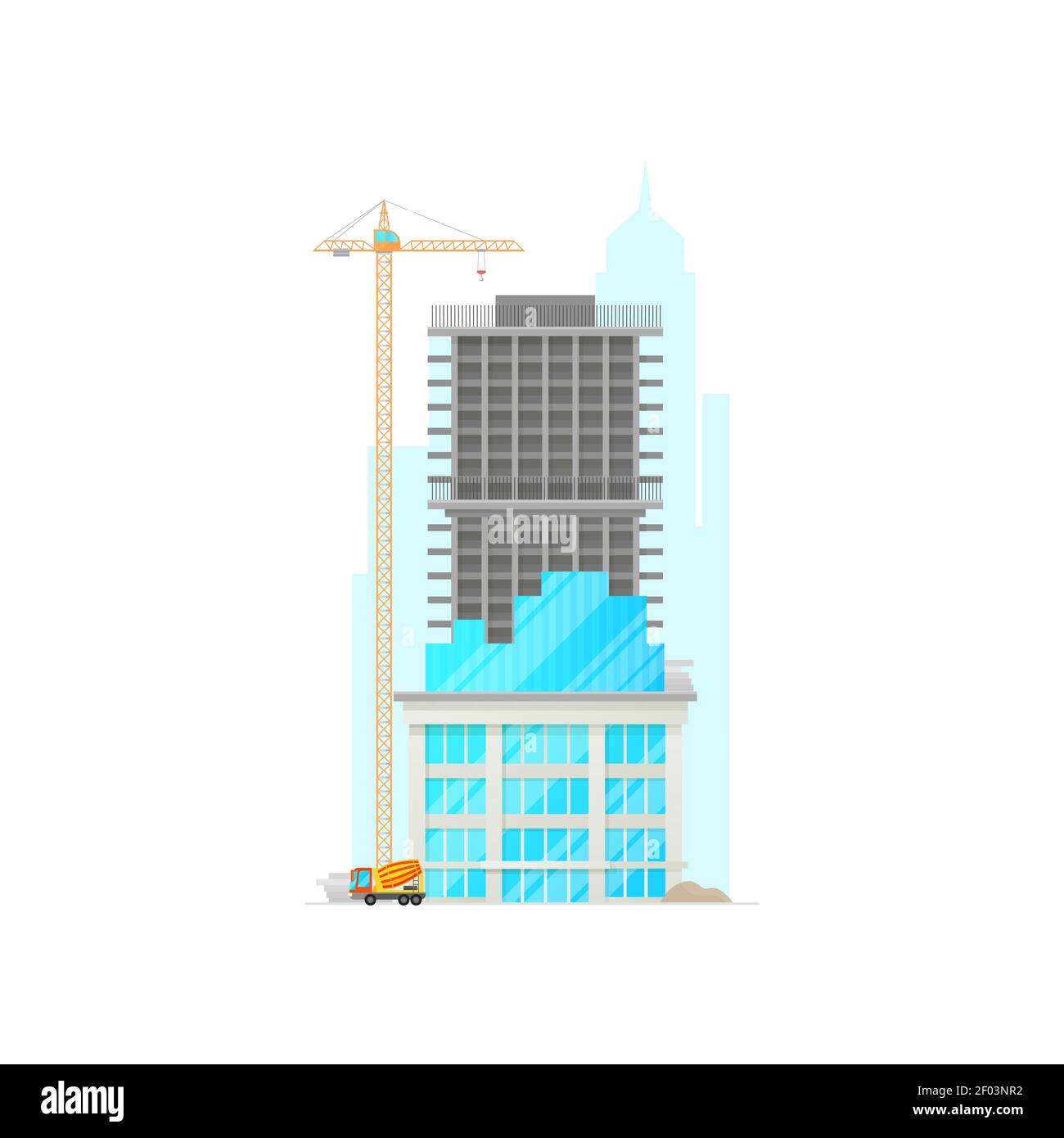 Costruzione di alto grattacielo torre isolato business center o casa immobiliare in costruzione. Gru Vector alta con blocchi, betoniera e. Illustrazione Vettoriale