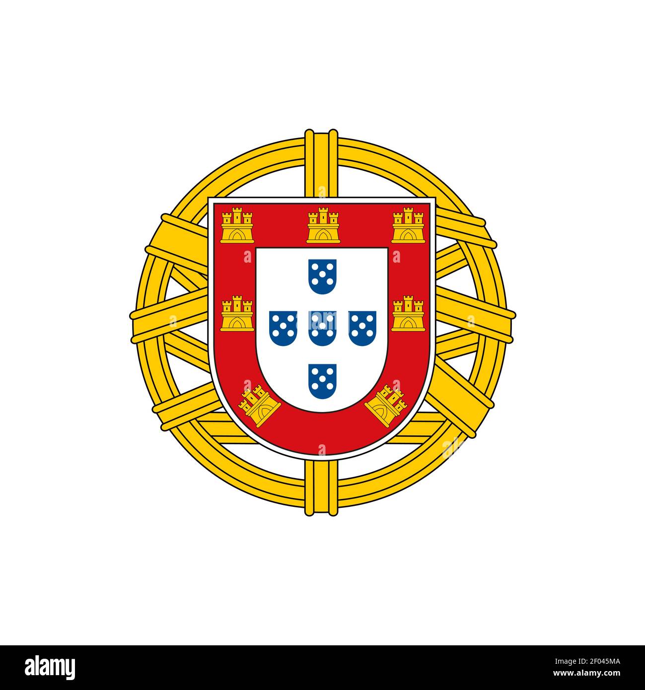 Stemma portoghese emblema di bandiera nazionale isolato. Vettore scudo portoghese, gruppo di cinque, stemma minore del Portogallo. Simbolo del paese europeo, Illustrazione Vettoriale