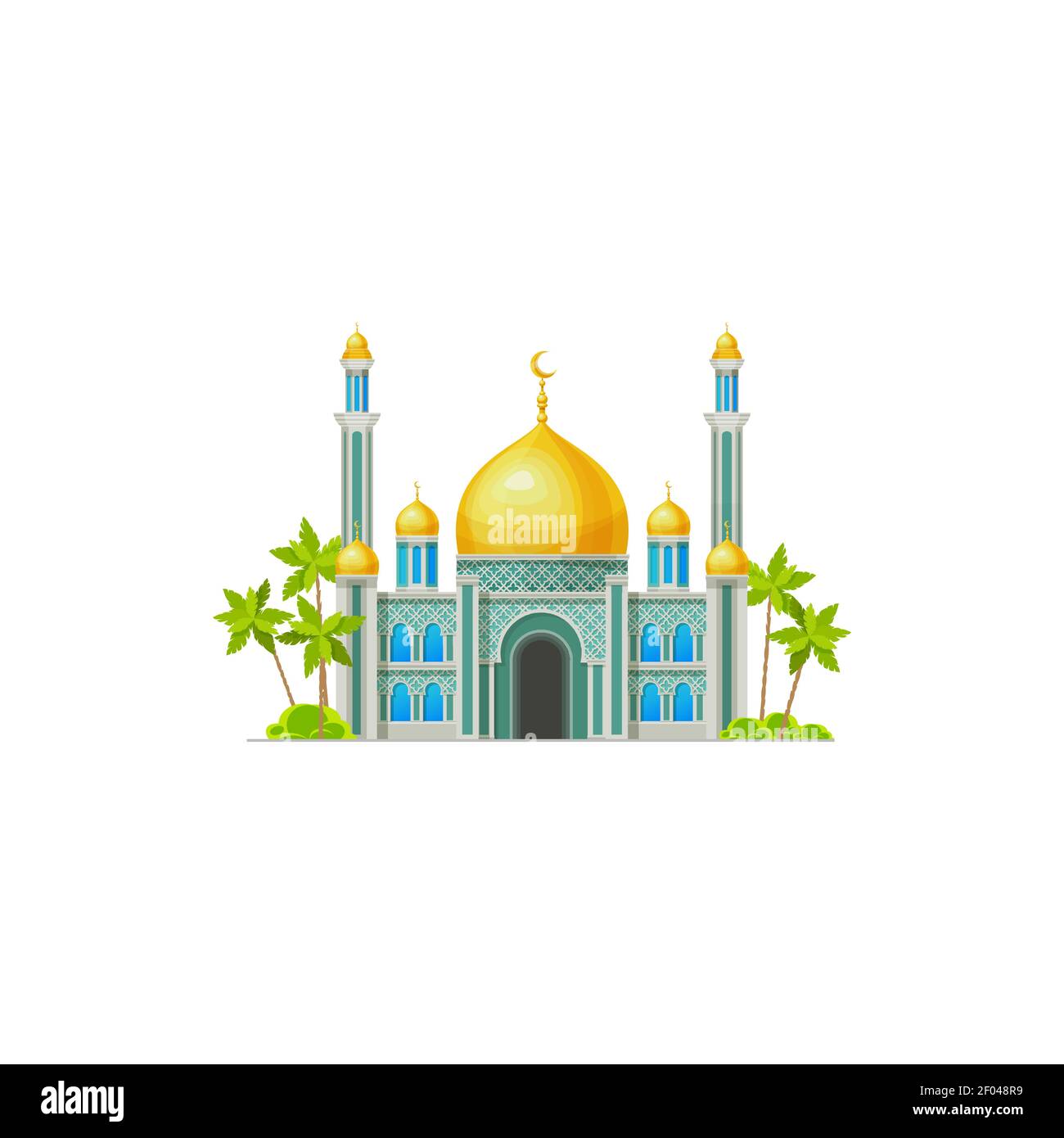 Moschea musulmana con luna a mezzaluna sulla cupola isolato edificio religioso islamico. Vettore tempio masjid, punto di riferimento minareto con palme. Religione araba Illustrazione Vettoriale