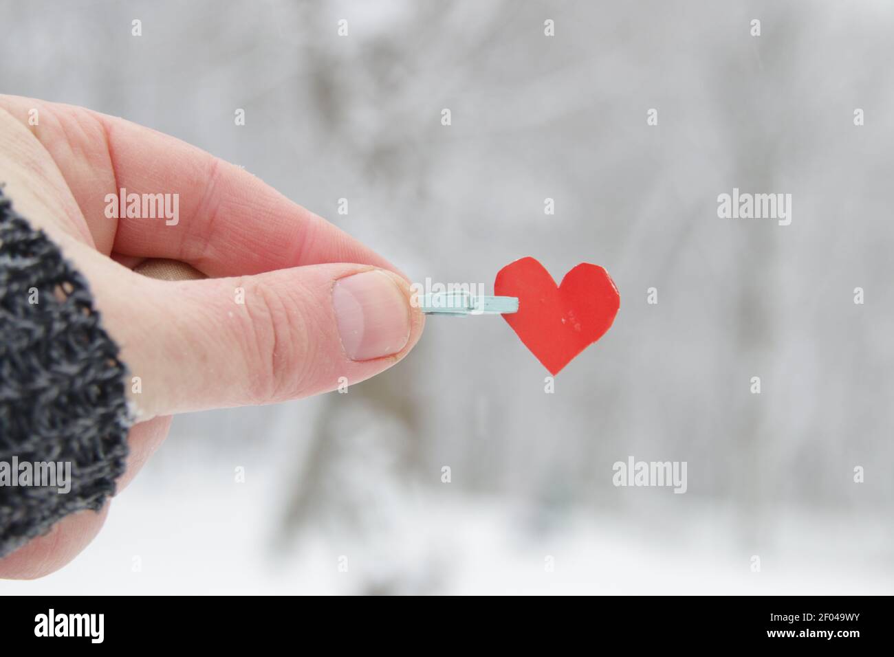 Sfondo invernale creativo con cuore di carta blu. Foto Stock