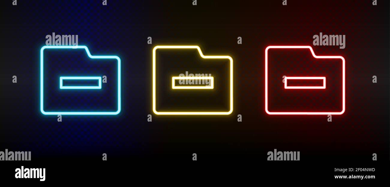 elimina, cartella insieme di icone neon. Set di icone vettoriali al neon rosse, blu e gialle Illustrazione Vettoriale