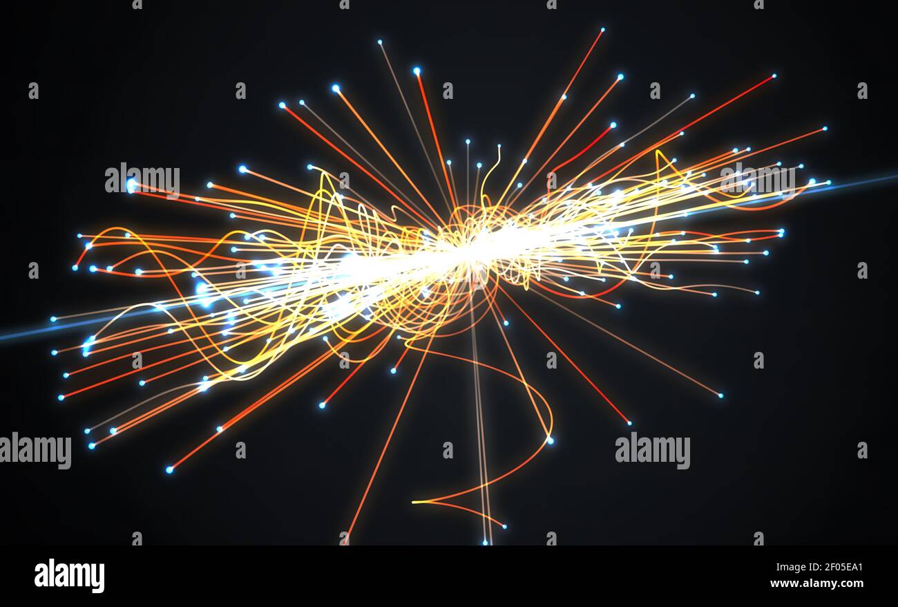 Collisione di particelle in Hadron Collider. Concetto di astrofisica. Illustrazione con rendering 3D. Foto Stock