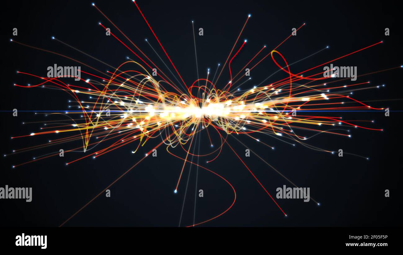 Collisione di particelle in Hadron Collider. Concetto di astrofisica. Illustrazione con rendering 3D. Foto Stock