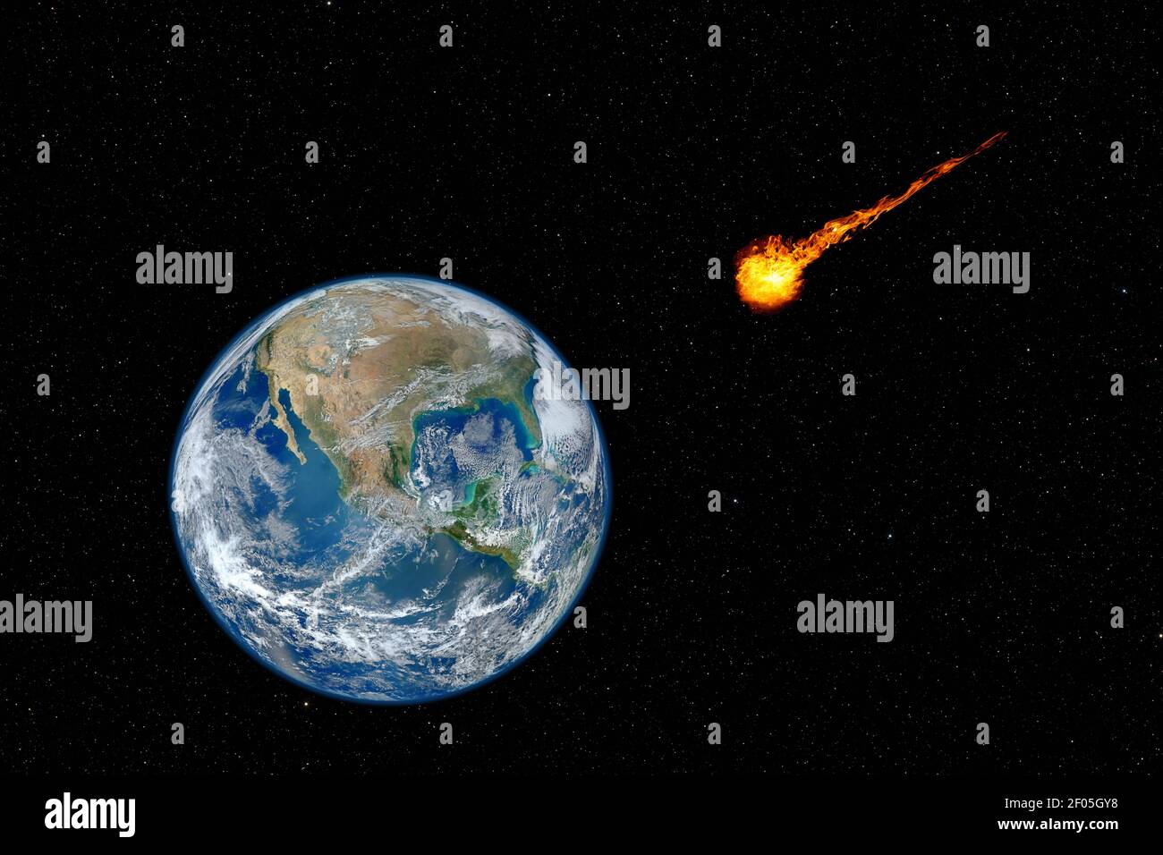 pericoloso asteroide che si avvicina al pianeta Terra, disastro totale ed estinzione della vita, elementi di questa immagine fornita dalla NASA Foto Stock