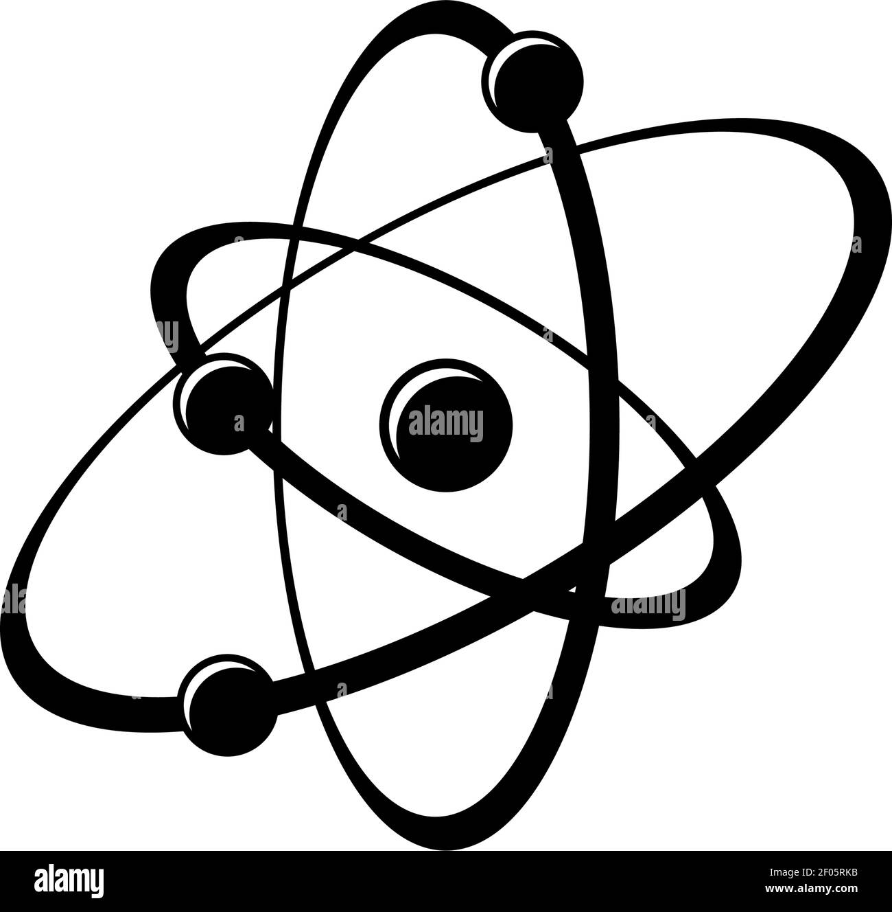 Icona vettore nero simbolo energia atomica. Segno di reazione chimica. Elettroni che si muovono su orbite illustrazione minima. Concetto di energia atomica. Reactus nucleari Illustrazione Vettoriale