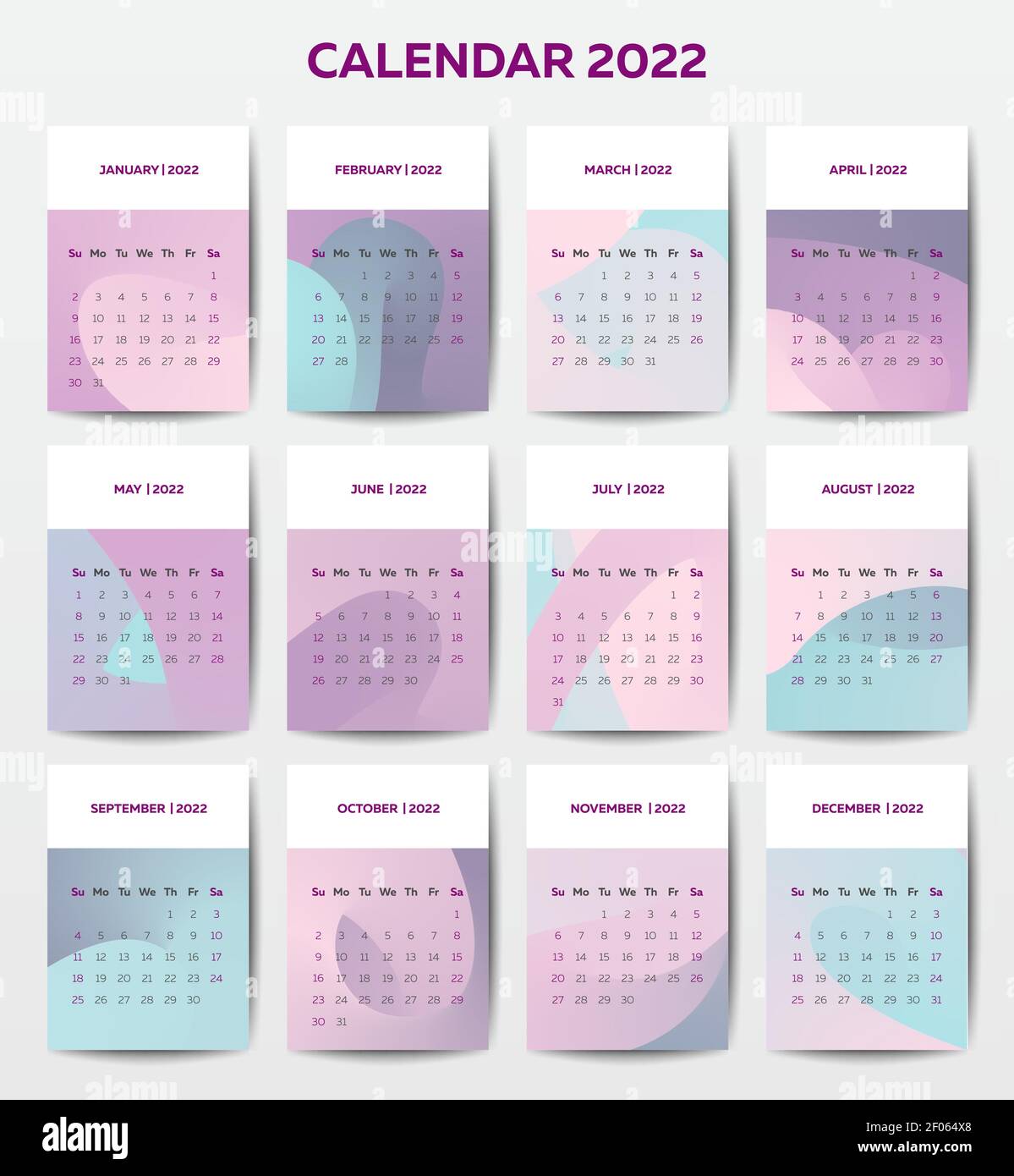 Il modello di calendario 2022 con sfondo di stile liquido Illustrazione Vettoriale