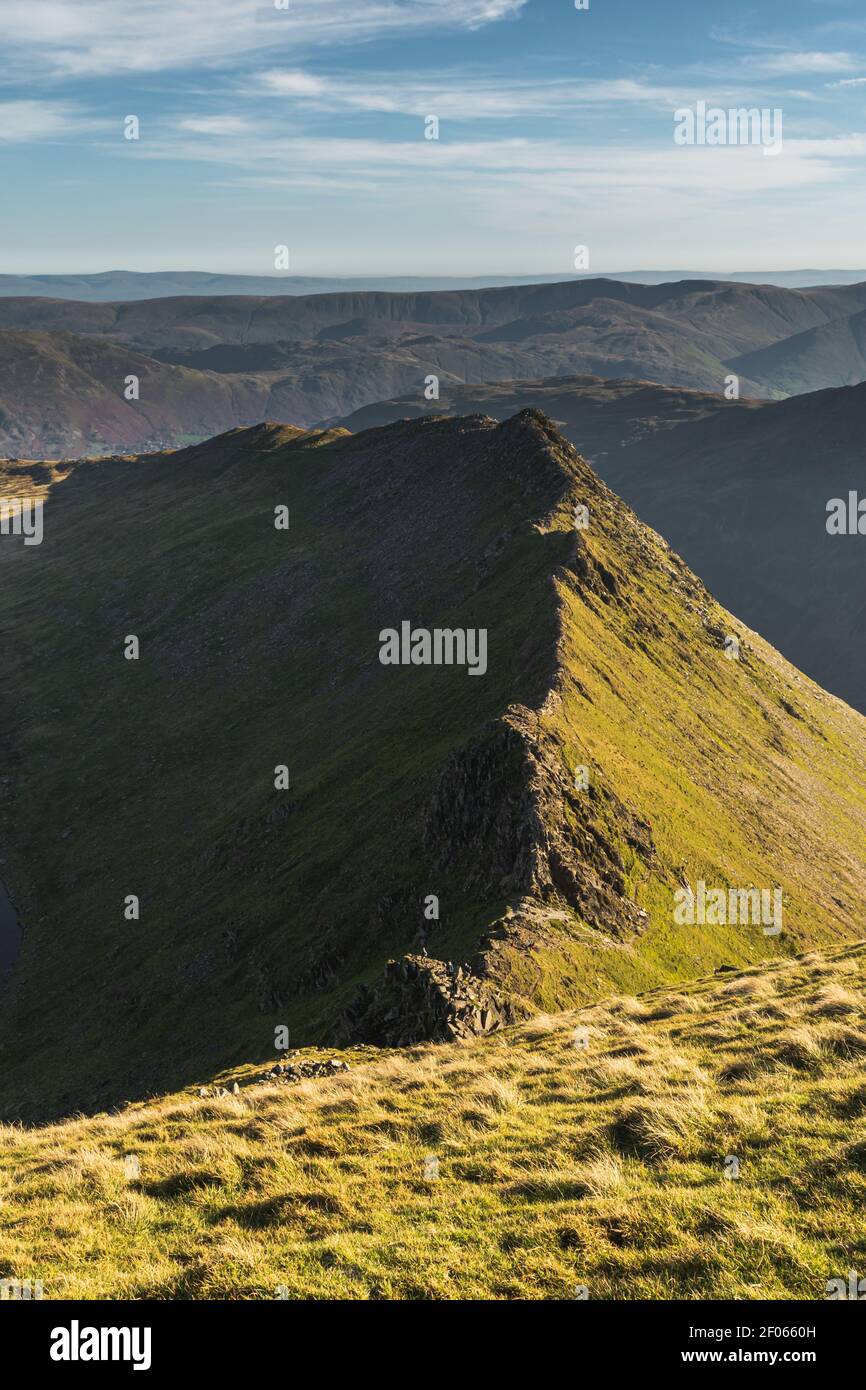Guardando giù su Striding Edge dalla cima di Helvellyn Foto Stock