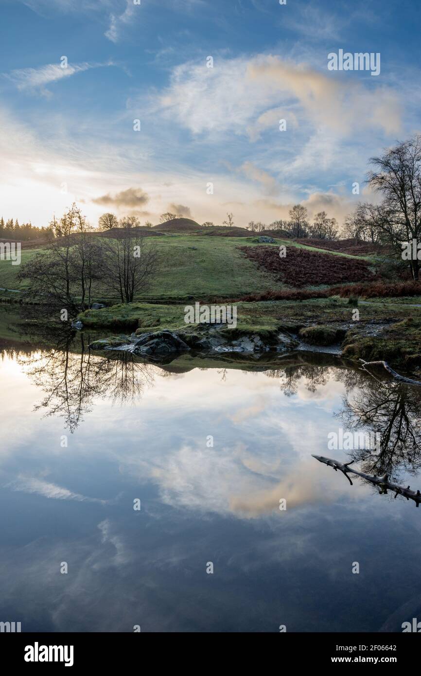 Riflessione insolita di nuvola di mattina presto a Tarn Hows vicino Hawkshead Foto Stock