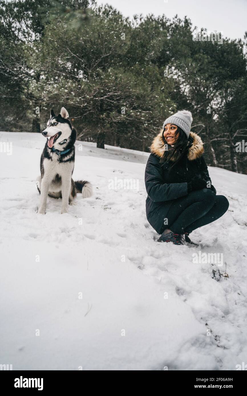 Giovane donna etnica che indossa outerwear con il cane Husky carino mentre accovacciati in boschi innevati vicino a spruces verdi in giorno d'inverno Foto Stock