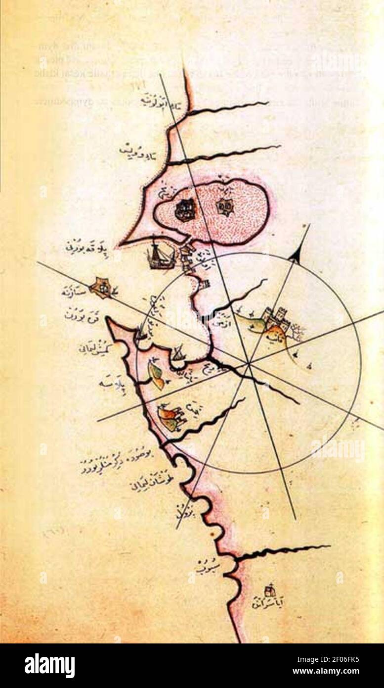Piri Re'is mappa della costa di Vlora. Foto Stock
