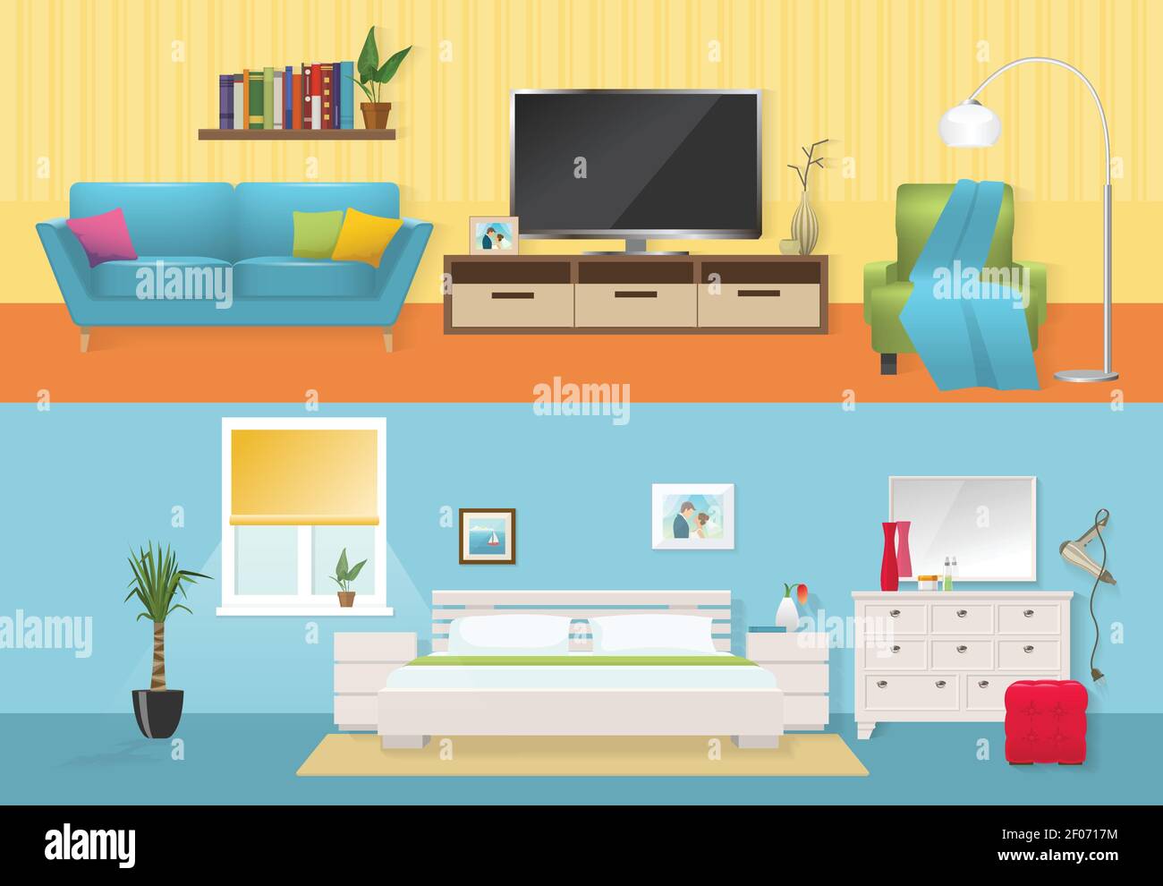 Interni composizioni piatte con comodi mobili in soggiorno e camera da letto immagine vettoriale isolata con colori blu e bianchi Illustrazione Vettoriale