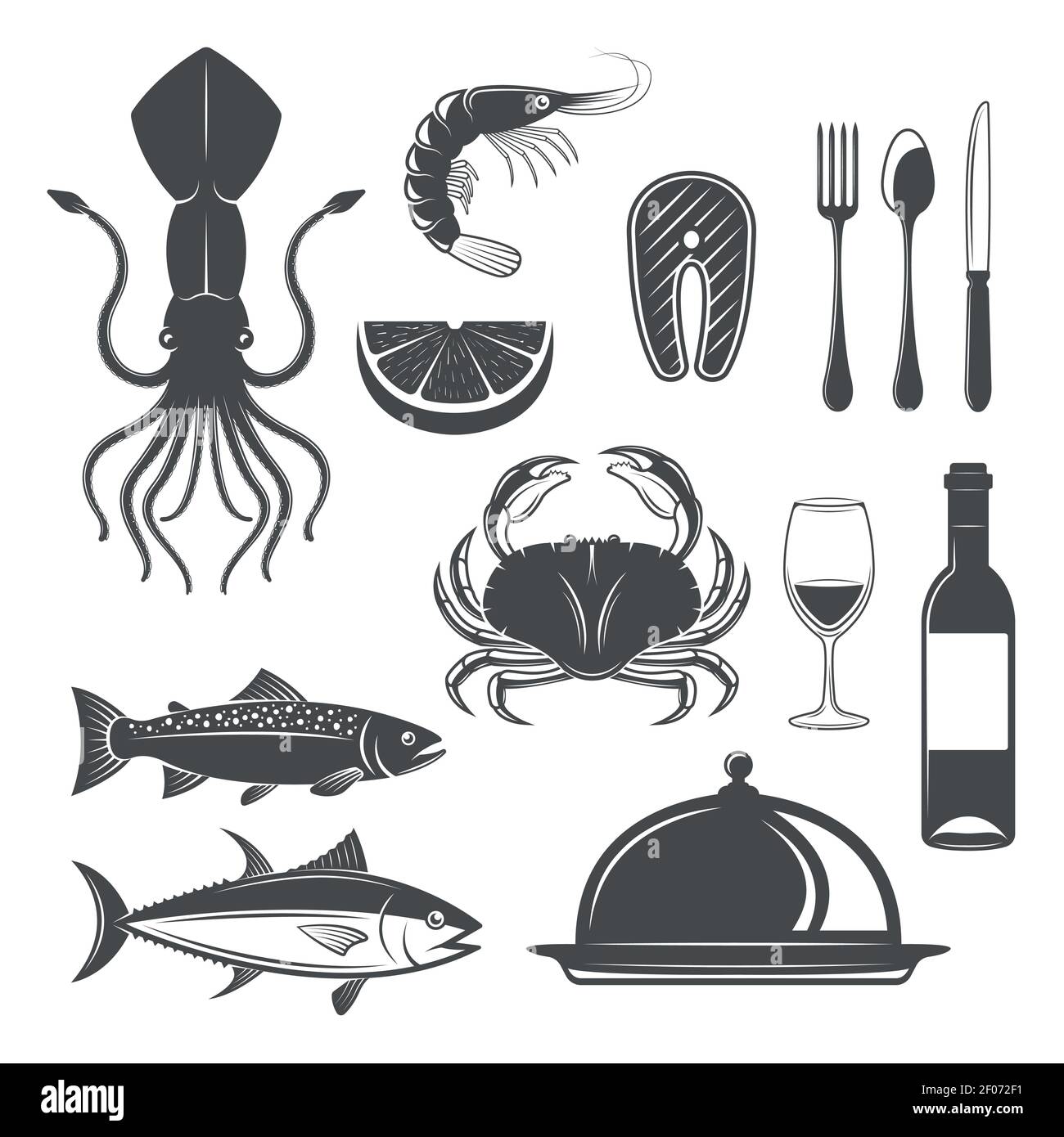 Oggetti monocromatici di pesce con animali subacquei bottiglia di vino e. posate di calice ristorante cloche isolato vettore illustrazione Illustrazione Vettoriale