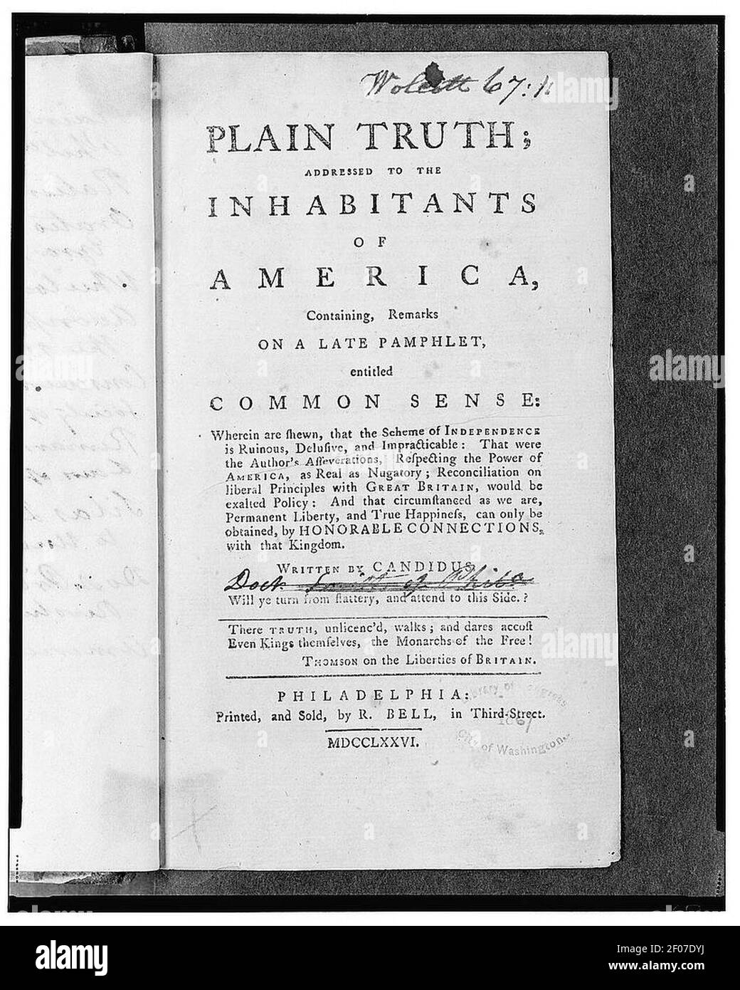 Verità semplice; indirizzato agli abitanti d'America, contenente, osservazioni su un pamphlet ritardato, intitolato senso comune- ... - scritto da Candidus. Foto Stock