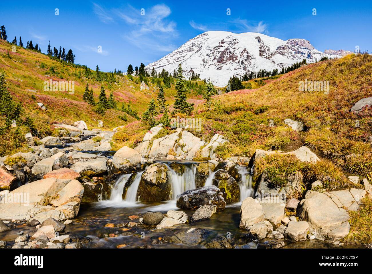 Edith Creek sotto la cima vulcanica del Monte Rainier con i colori caldi della caduta a poco sbiadire in inverno Foto Stock