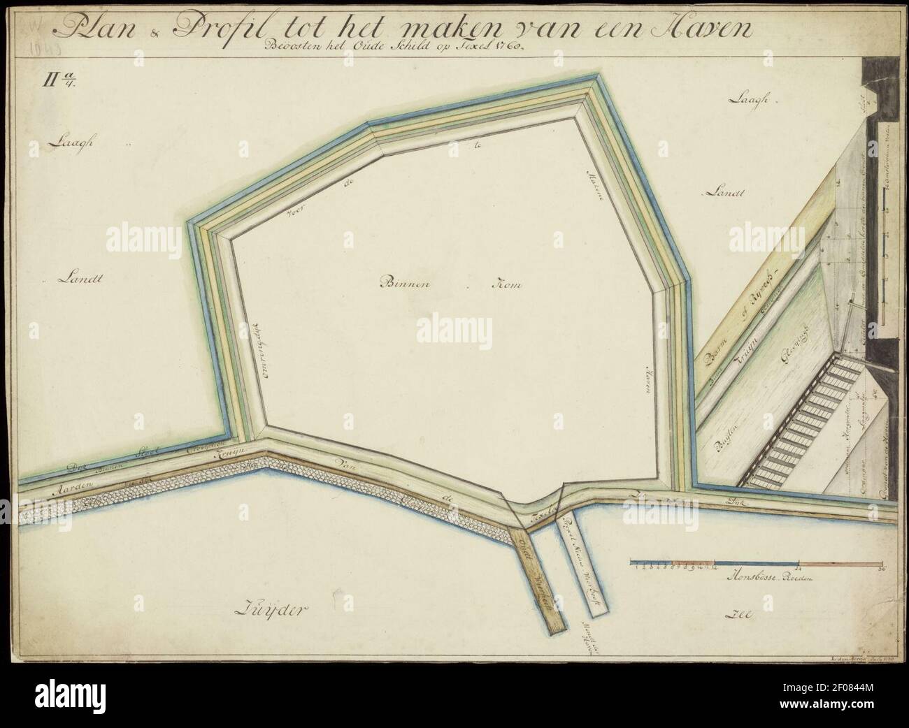 Plan en profil tot het maken van een Haven , beoosten het Oude Swild op Texel 1768. 2 esemplaren. Kopie van L. den Berger Juli 1778 en Januari 1779. Kleur. 44 x 56 cm, en 41 x 56 cm. L. den, Foto Stock