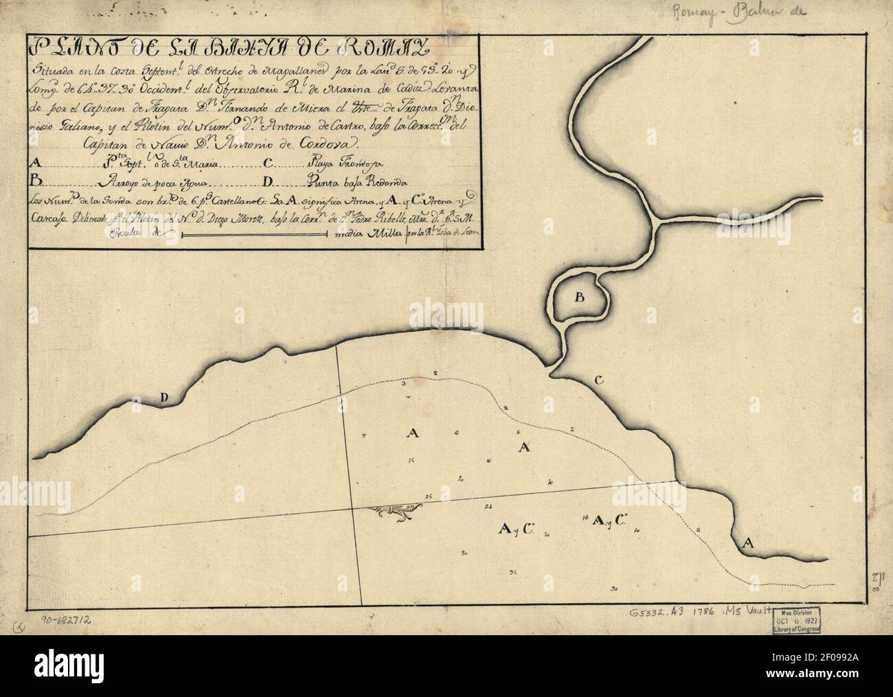 Plano de la Bahya de Romay situada en la costa septentl. Del Estrecho de Magallanes por la lattd. De 53⁰20ʹ y longd. De 64⁰37ʹ30ʺ occidentl. Del osservativio Rl. De Marina de Cádiz Foto Stock