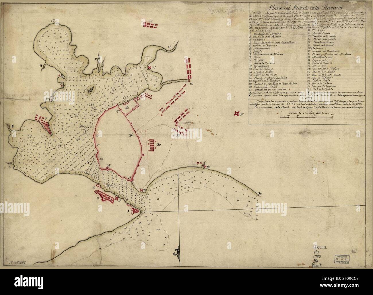 Plano del puerto de la Havana, situado en la parte del N. de la ysla de Cuba en la lattd. De 23⁰10ʹ y en longd. astronómica de 293⁰47ʹ, meridiano de Tenerife ... el año de 1783 por Dn. Josef de Sn. Foto Stock