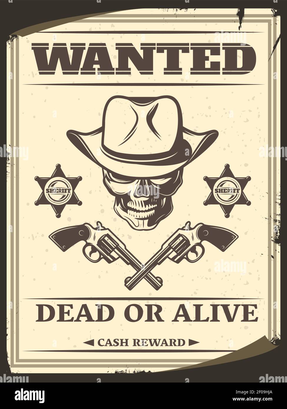 Vintage monocromo selvaggio West voluto poster con cranio in cowboy hat pistole incrociate stelle sceriffo illustrazione vettoriale Illustrazione Vettoriale