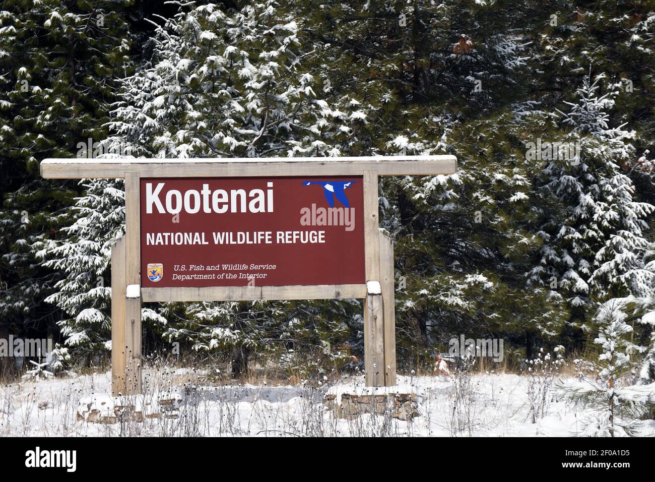 Cartello d'ingresso al Kootenai National Wildlife Refuge in inverno. Bonners Ferry, Idaho nord. (Foto di Randy Beacham) Foto Stock