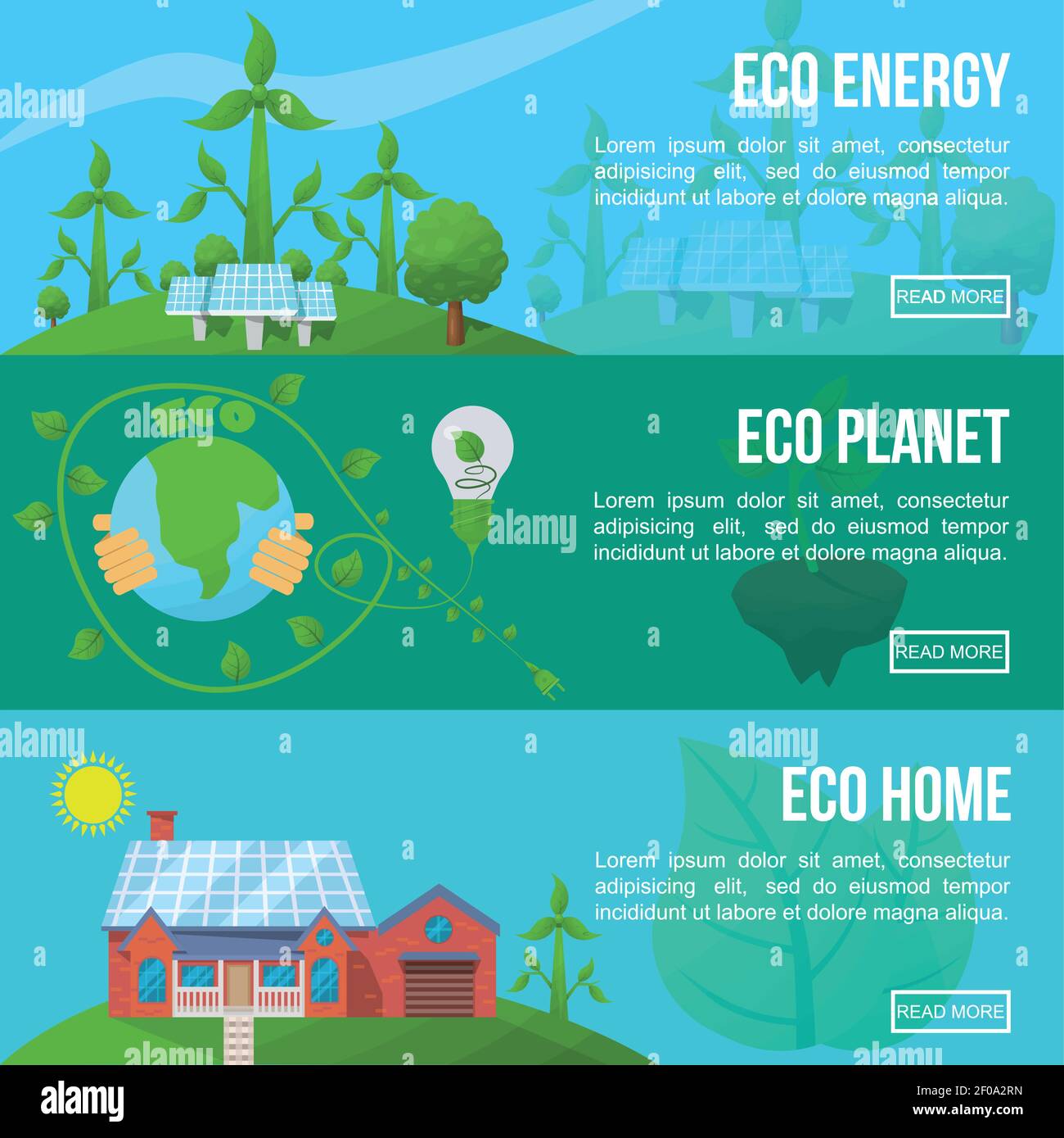 Set di banner ecologici orizzontali con descrizioni del pianeta eco-energetico e illustrazione del vettore principale Illustrazione Vettoriale