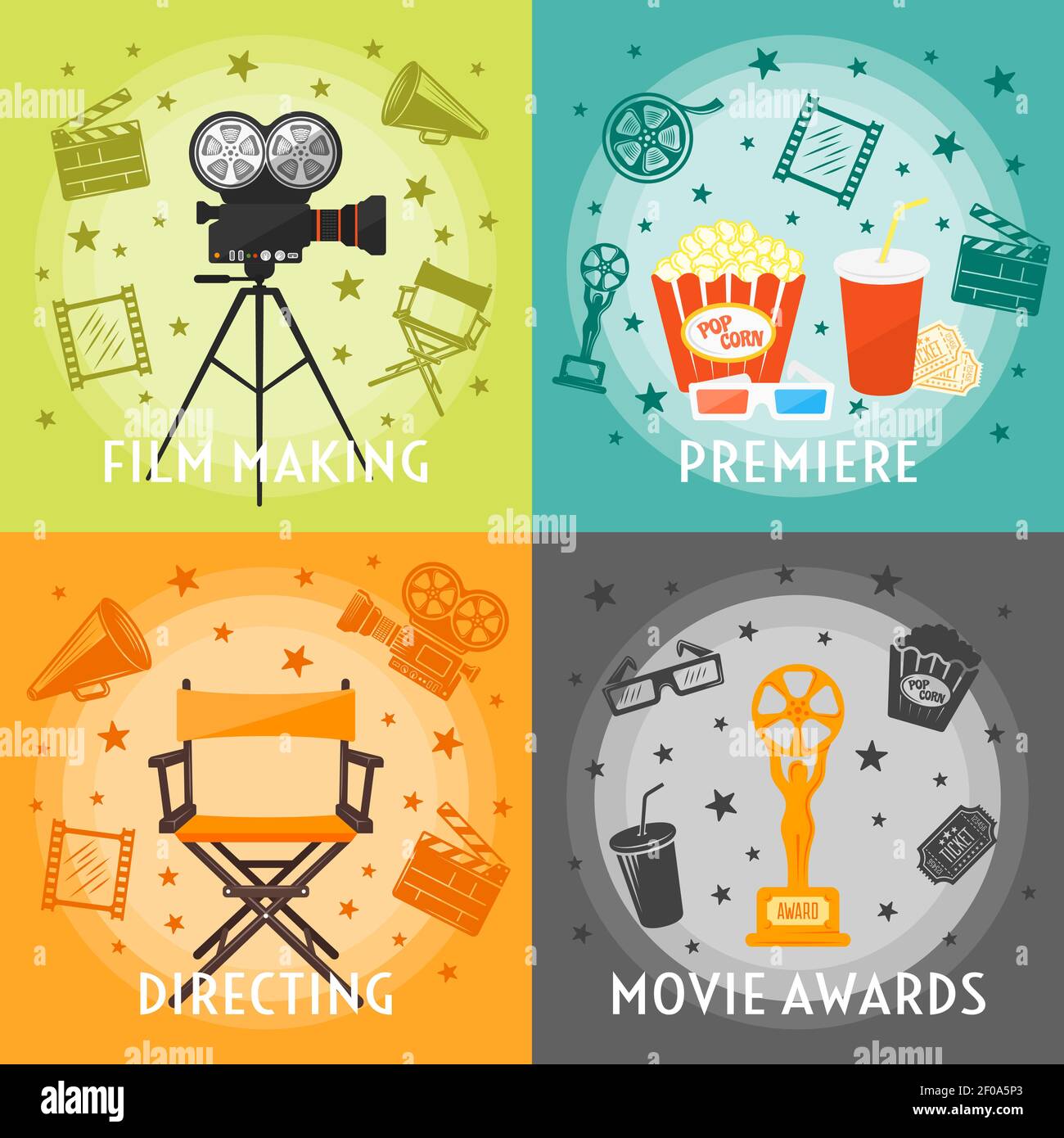 Dalla realizzazione di film al concetto di premiazione con film di regia in anteprima attrezzatura bevande snack stelle isolato vettore illustrazione Illustrazione Vettoriale