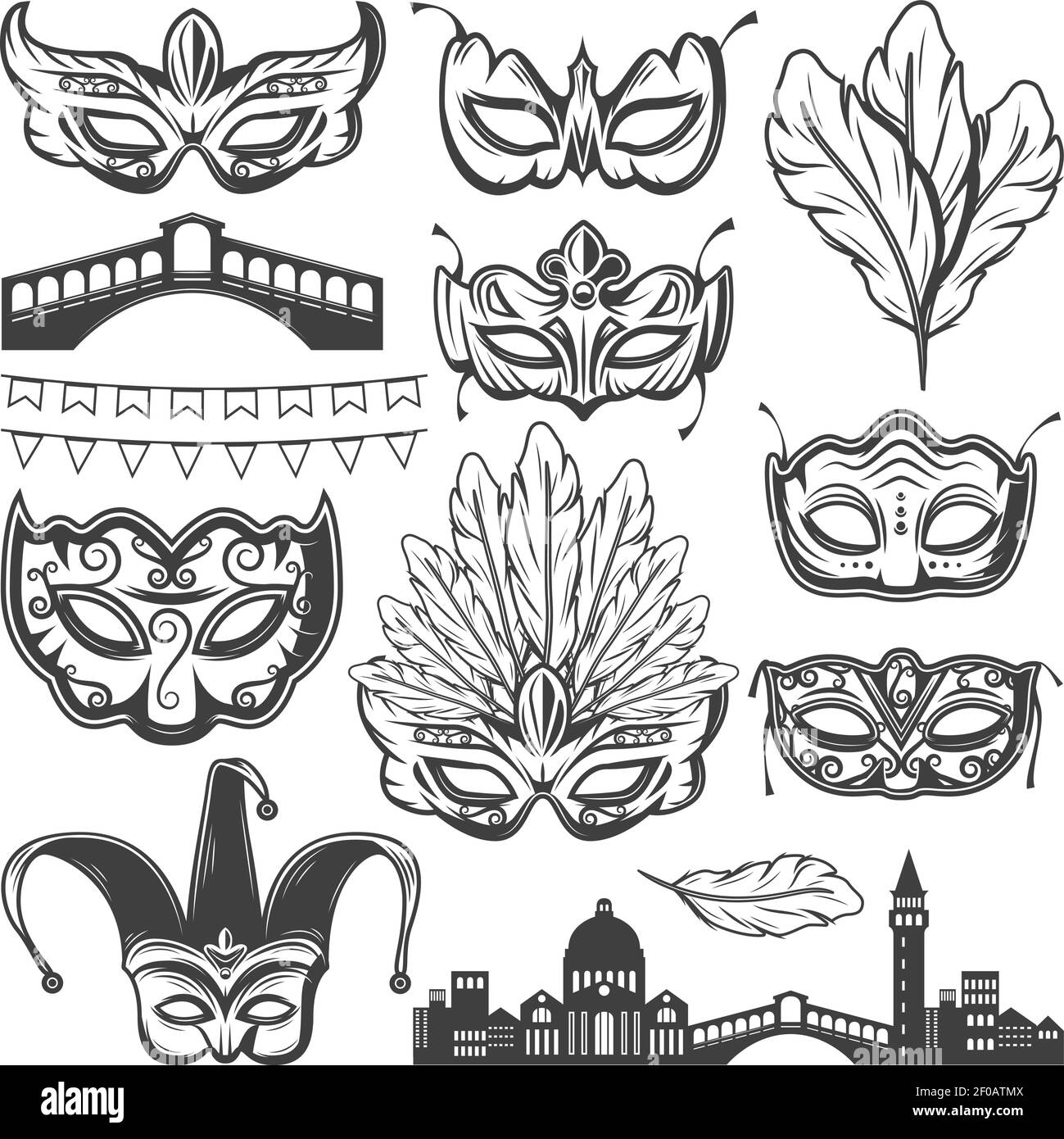 Elementi vintage del carnevale di Venezia con il ponte veneziano del paesaggio urbano diverso maschere piume e garland isolato vettore illustrazione Illustrazione Vettoriale