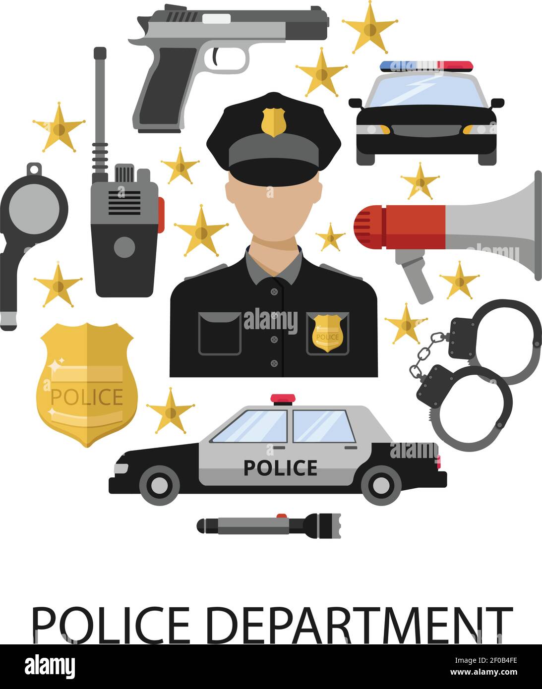 Reparto di polizia design rotondo con ufficiale in centro megafono pistola auto manette badge stelle radio illustrazione vettoriale Illustrazione Vettoriale Reparto di polizia design rotondo con ufficiale in centro megafono pistola auto manette badge stelle radio illustrazione vettoriale Illustrazione Vettoriale