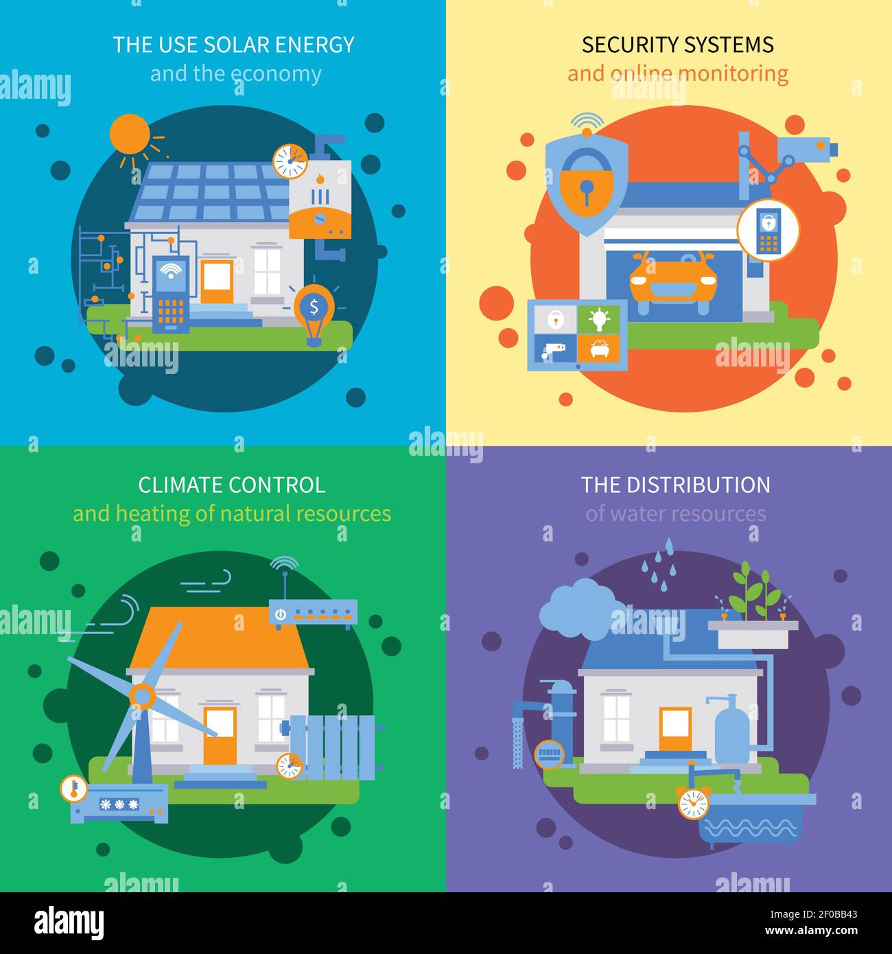 Set di quattro icone quadrate colorate per smart house con climatizzatore sistemi di sicurezza di distribuzione e il vettore di uso di energia solare descrizioni illustrazione Illustrazione Vettoriale