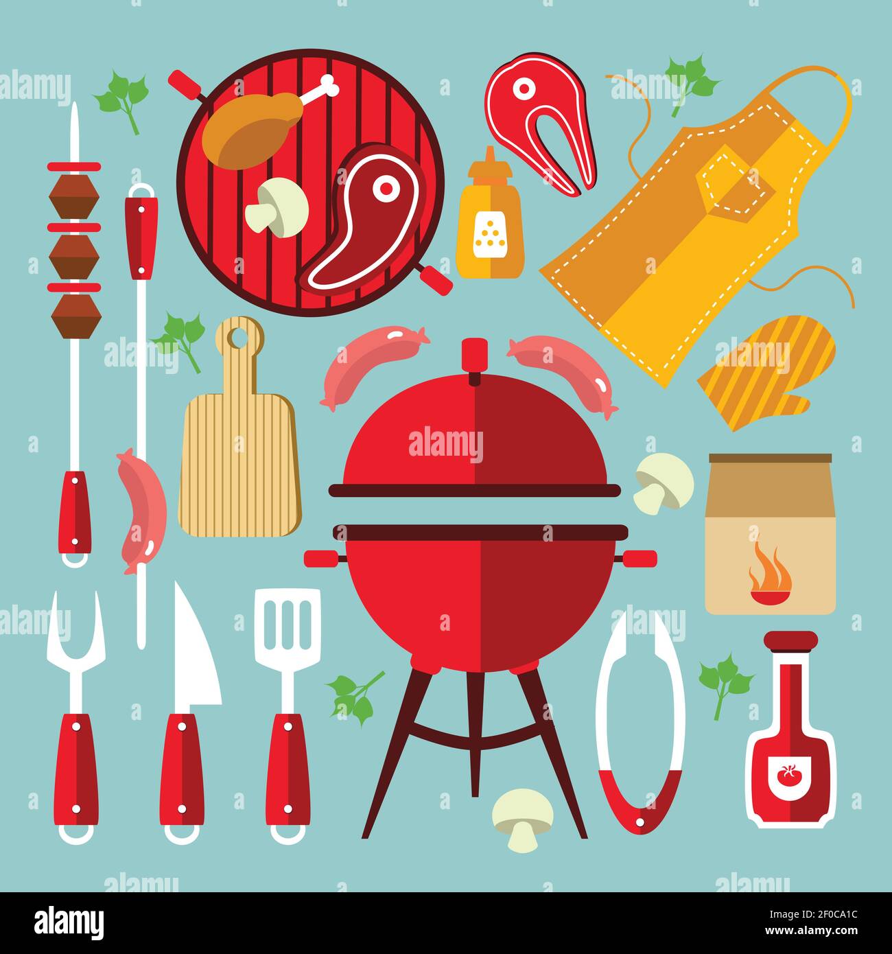 Set piatto icone con diversi strumenti e accessori per picnic Oppure party con illustrazione vettoriale BBQ Illustrazione Vettoriale