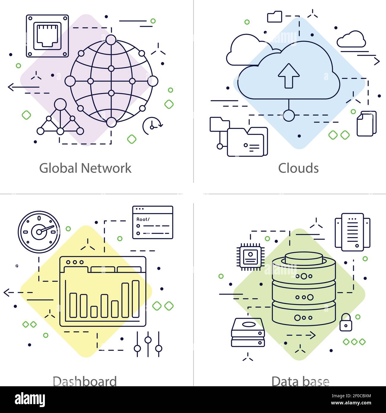 Set di quattro icone quadrate colorate del data center con descrizioni globali dashboard cloud di rete e illustrazione vettoriale del database Illustrazione Vettoriale