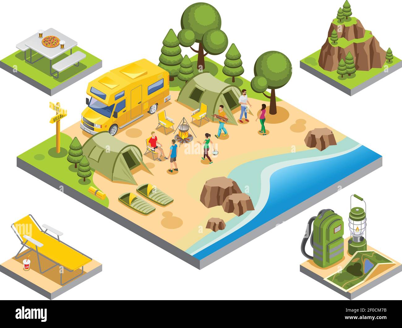 Concetto isometrico di ricreazione all'aperto con i turisti viaggio autobus campeggi accessori e paesaggi naturali illustrazione vettoriale isolata Illustrazione Vettoriale