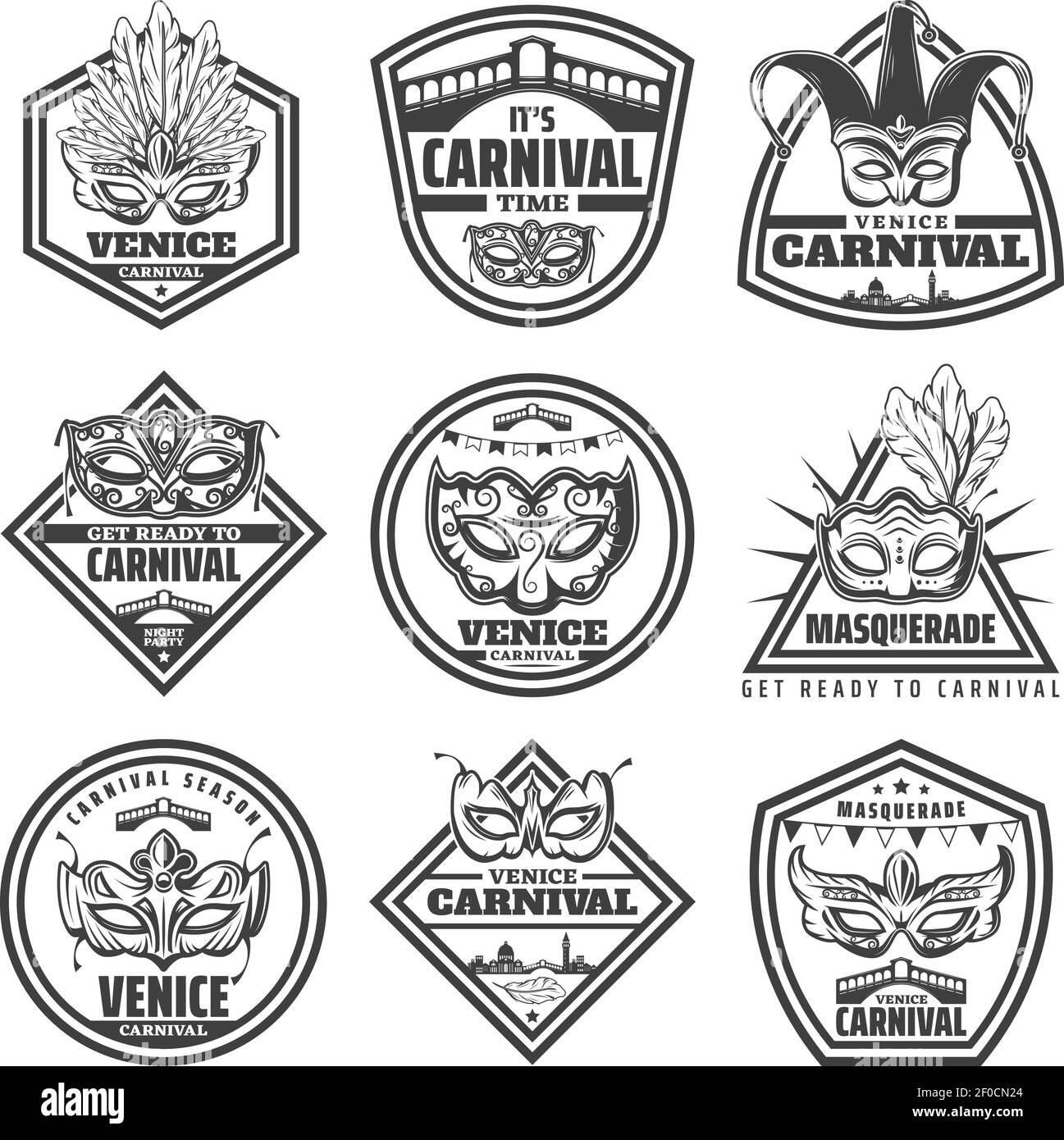 Set di etichette monocromo vintage per carnevale a Venezia con iscrizioni maschere mascherate piume ponte veneziano e paesaggio urbano isolato illustrazione vettoriale Illustrazione Vettoriale