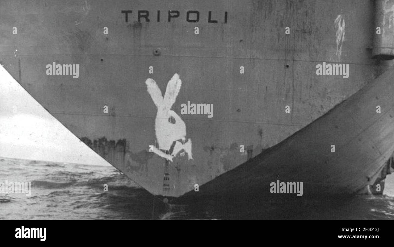 Logo Playboy bunny dipinto sulla poppa della USS Tripoli (LPH-10), nel 1967. Foto Stock